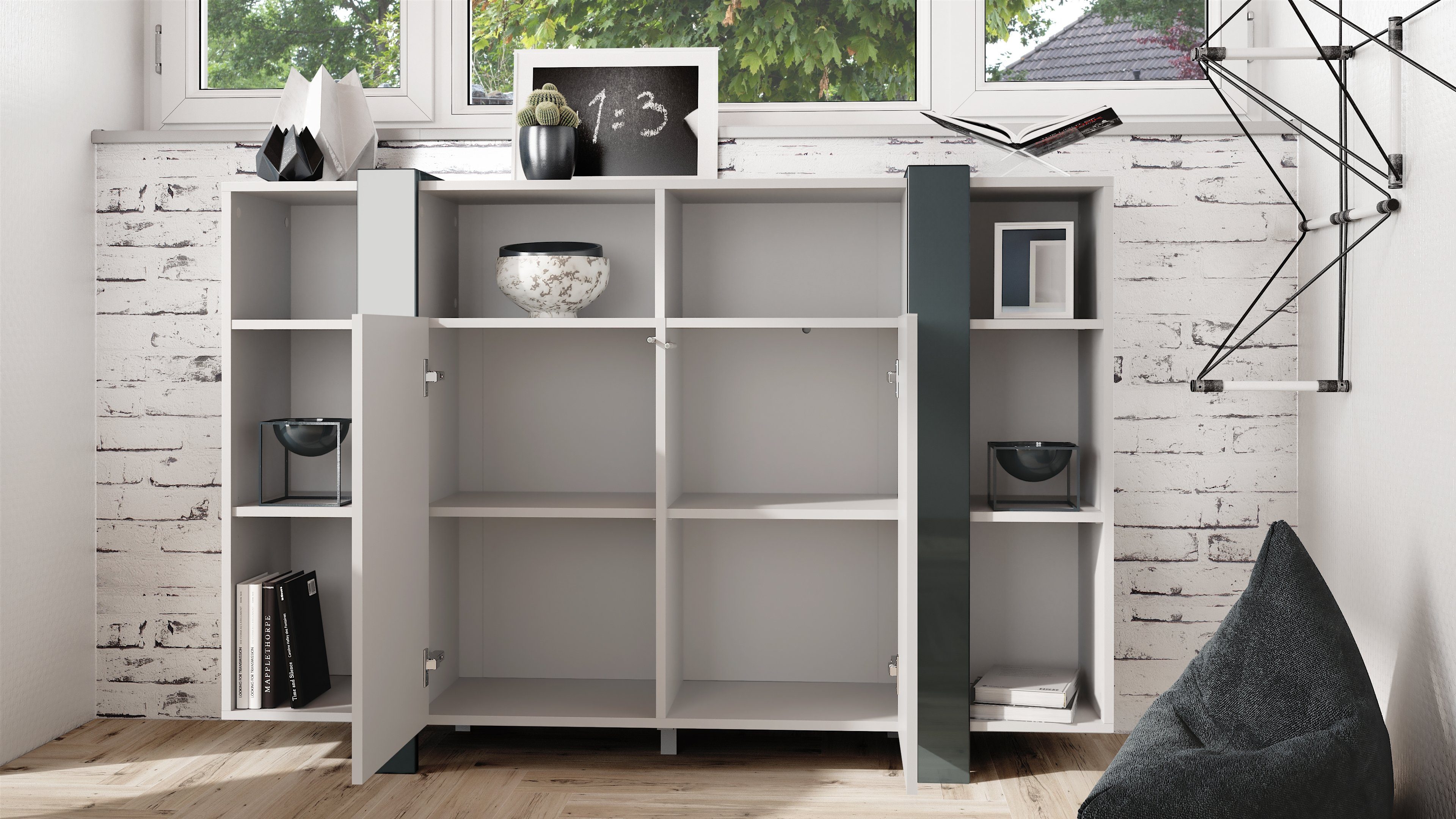 Vladon Highboard Ida V1 (Anrichte, mit 2 Türen und 8 offene Fächer), Weiß matt/Grau Hochglanz (149 x 101 x 34 cm)
