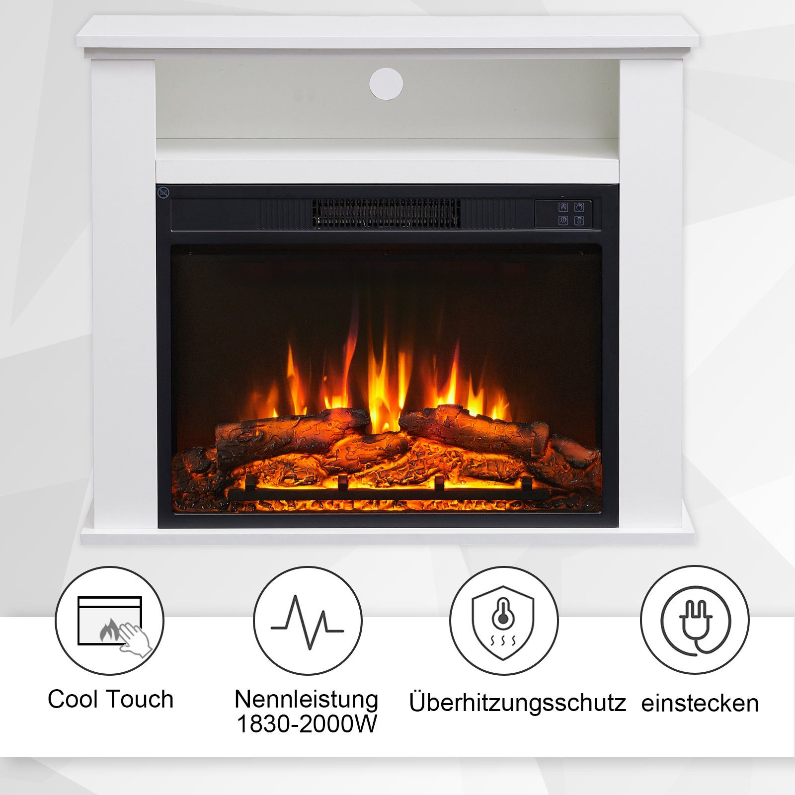 Thermostat Elektrokamin mit 3D-Flammeneffekt, Fernbedienung, Balderia Heizung 2000W, Weiß Timer, Frida, Standkamin