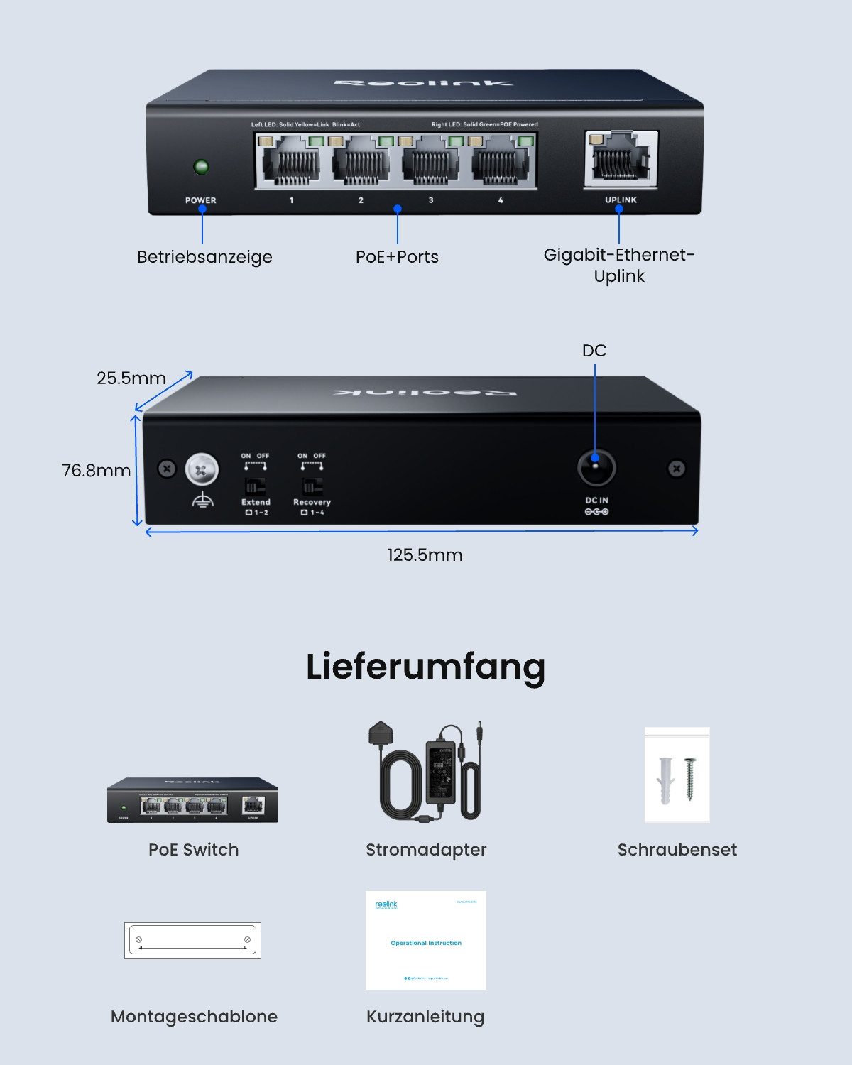 Reolink Überwachungskamera Zubehör Plug & Play PoE-Switch mit 5 Anschlüssen und 65W Leistungsfähigkeit (PoE-Anschluss 4 × 10/100/1000 Mbit/s) – Bild 2 von 5