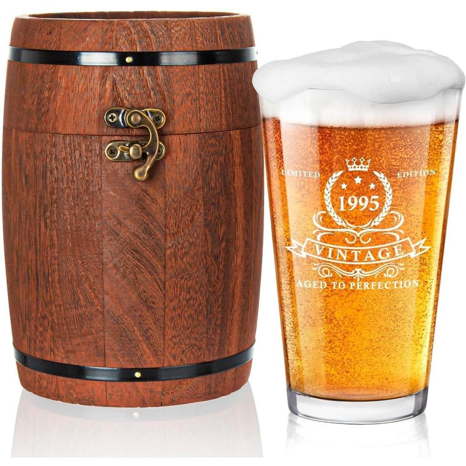 LuxusKollektion Bierglas Bierglas 1994 Vintage 480 ml in Holzfass-Box, 30. Geburtstagsgeschenk, Glas