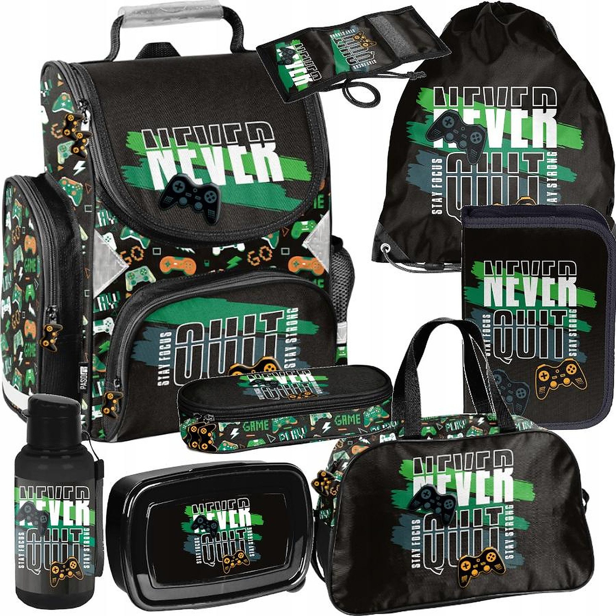PASO Schulrucksack Mega-Set Never Quit Gamer 8tlg. (Rucksack + Turnbeutel + Federmäppchen + Lunchbox + Trinkflasche + Sporttasche + Etui + Geldbörse, 8-tlg)