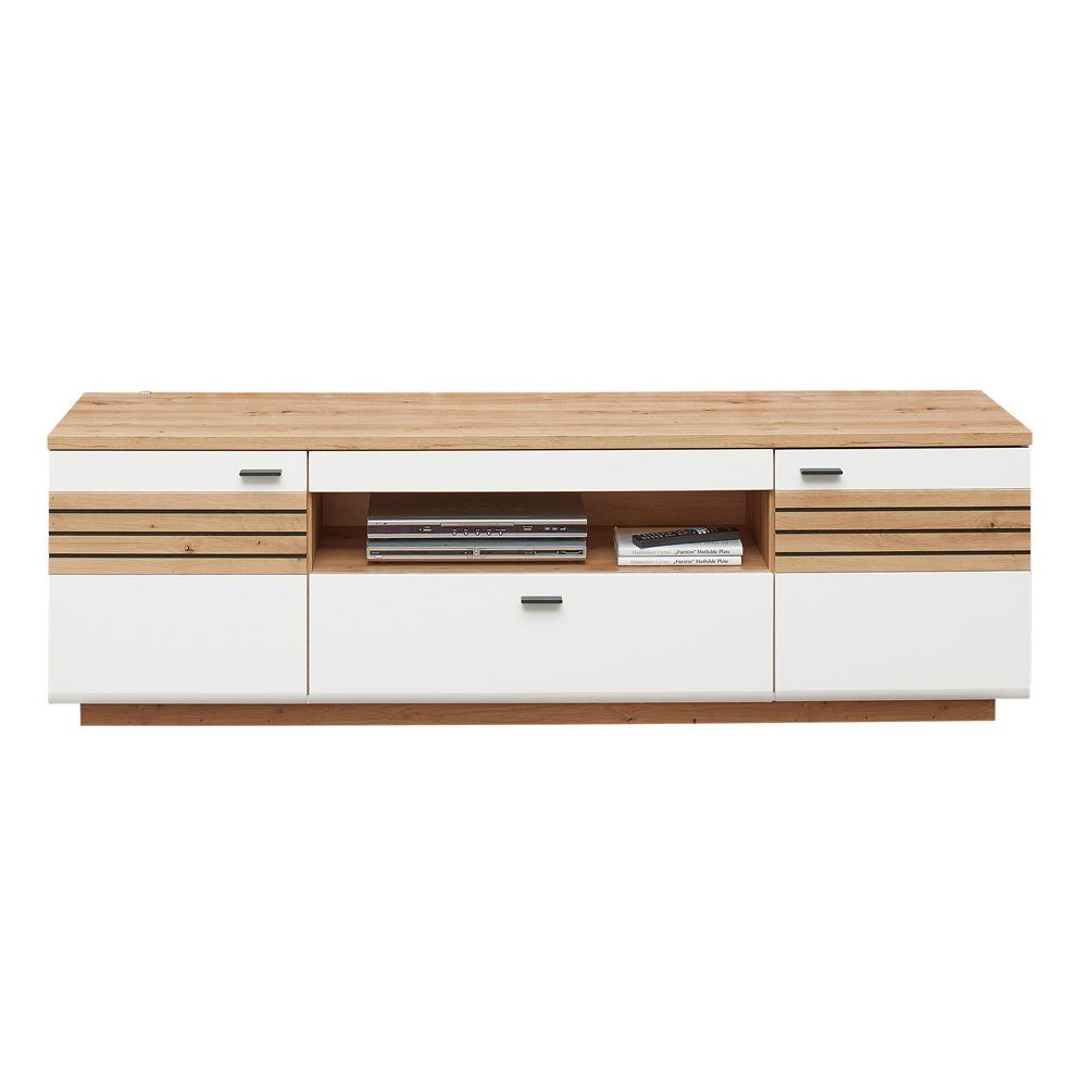 Lomadox Wohnwand FALLON-55, (3-St., Lowboard Wandpaneel Vitrine), Schrankwand Anbauwand, weiß mit Eiche, inkl. Beleuchtung