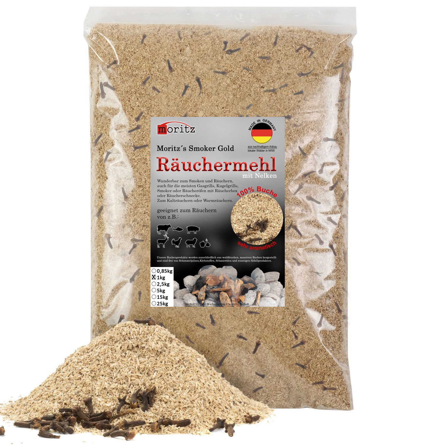 Moritz Räucherbox 1kg Räuchermehl Buche mit Nelke fein 0,5 -1 mm zum smoken, räuchern/kalträuchern von Fleisch, Fisch, Gemüse geeignet