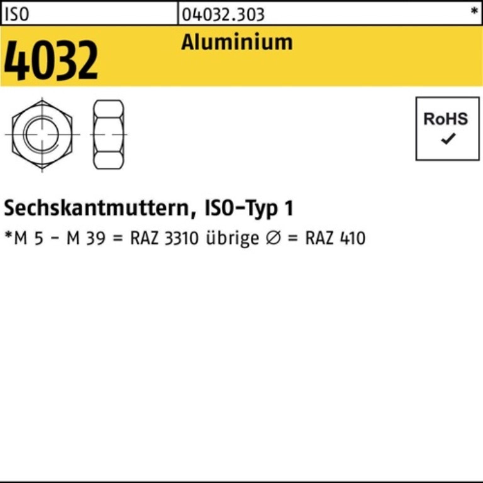 ISO 4032 Stück Bufab Sechskantmutter Aluminium 100 Muttern 4032 100er ISO A M4 Pack