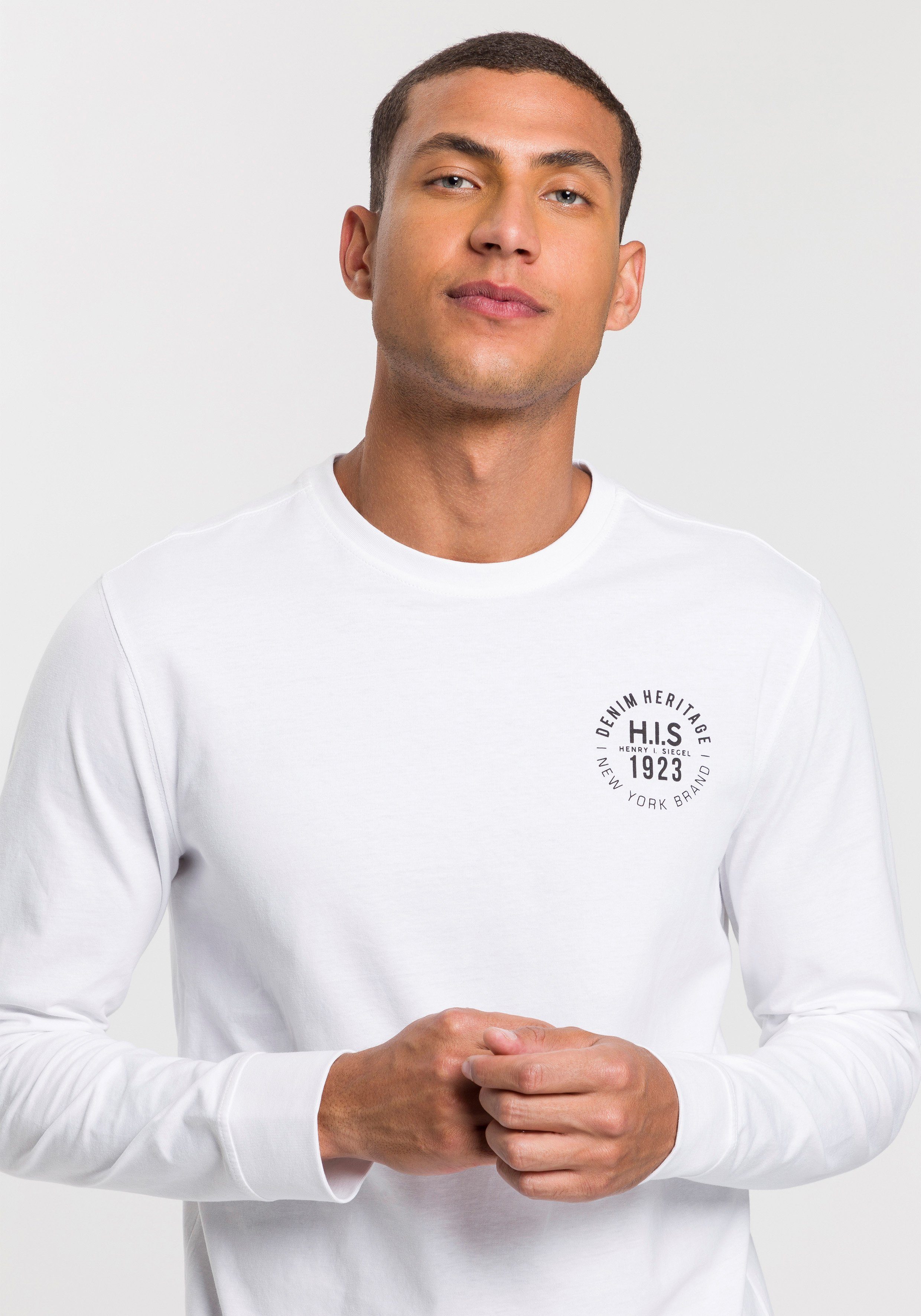 H.I.S Langarmshirt (Packung, 2-tlg., 2er-Pack) Langarm, bedruckt, Rundhalsausschnitt, aus 100% Baumwolle