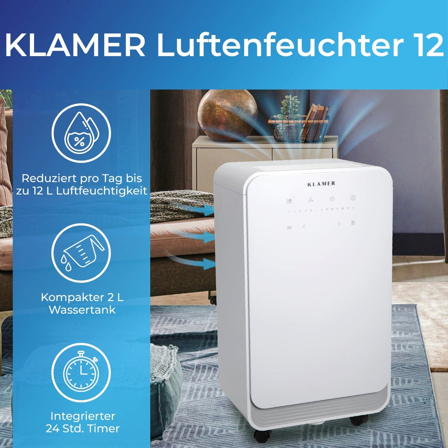 KLAMER Luftentfeuchter Elektrisch 12L, 100m³ Luftumwälzung pro Stunde, 280W starker Raumentf…, Entfeuchtung 12 l/Tag, Timer 1-24h, diverse Modi, Nachtmodus, Feuchtigkeit in 5%-Schritten