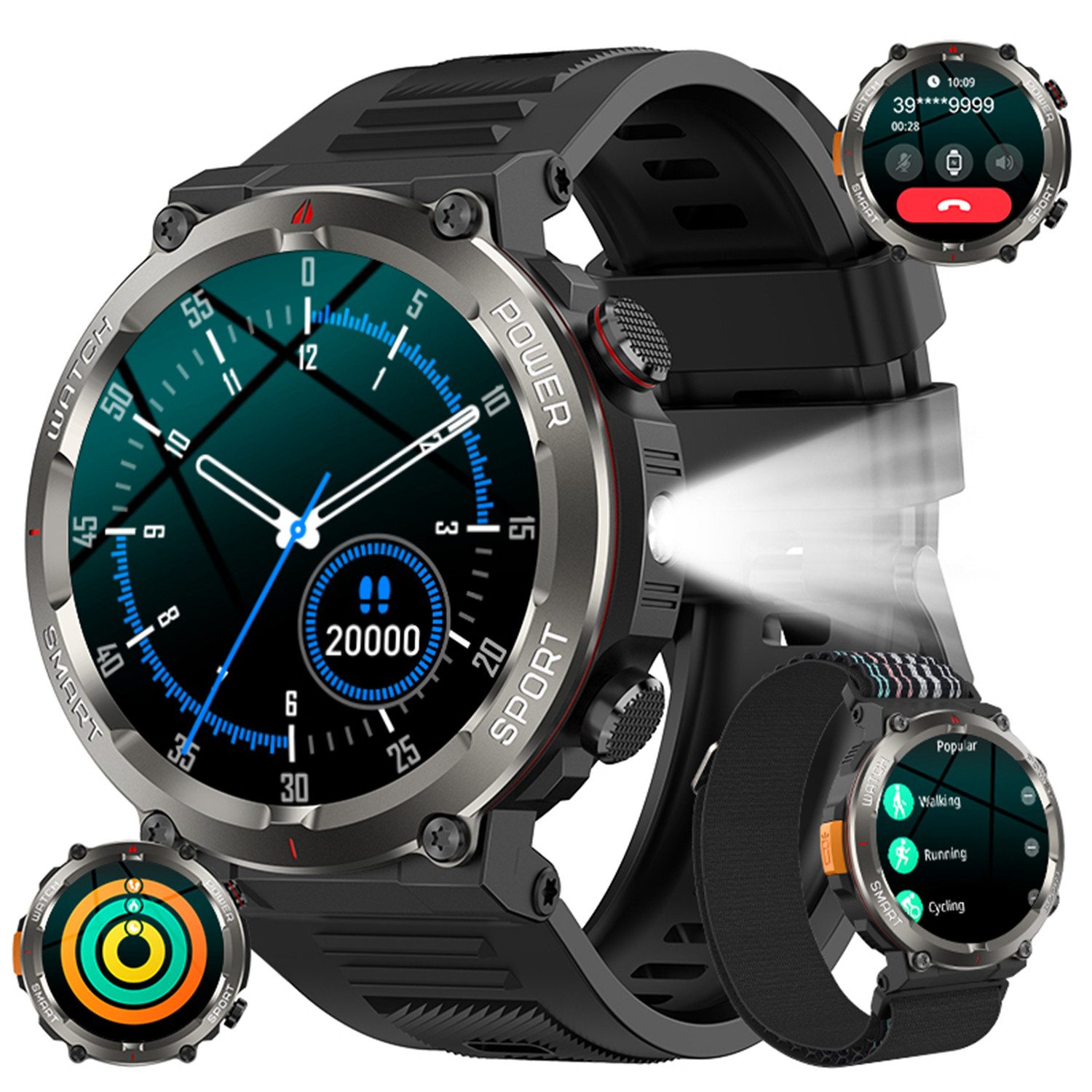 IOWODO 2026 SMARTWATCH HERREN – WASSER-, STAUB- & STOßFEST, BLUETOOTH-ANRUFE Smartwatch Set, mit Wechselband aus weichemSilikon und Ladekabel, 14,5",960 mAh,Kompass,LED-Taschenlampe,Anrufe tätigen & empfangen,IP68