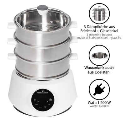 KeMar Kitchenware 4-in-1-Dampfgarer KFS-3000, 1200,00 W, Wassertank aus Edelstahl Dämpfkörbe aus Edelstahl, Glasdeckel