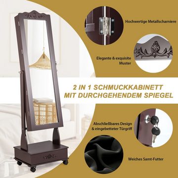 COSTWAY Schmuckschrank mit Spiegel & LED, Schubladen, auf Rollen, abschließbar