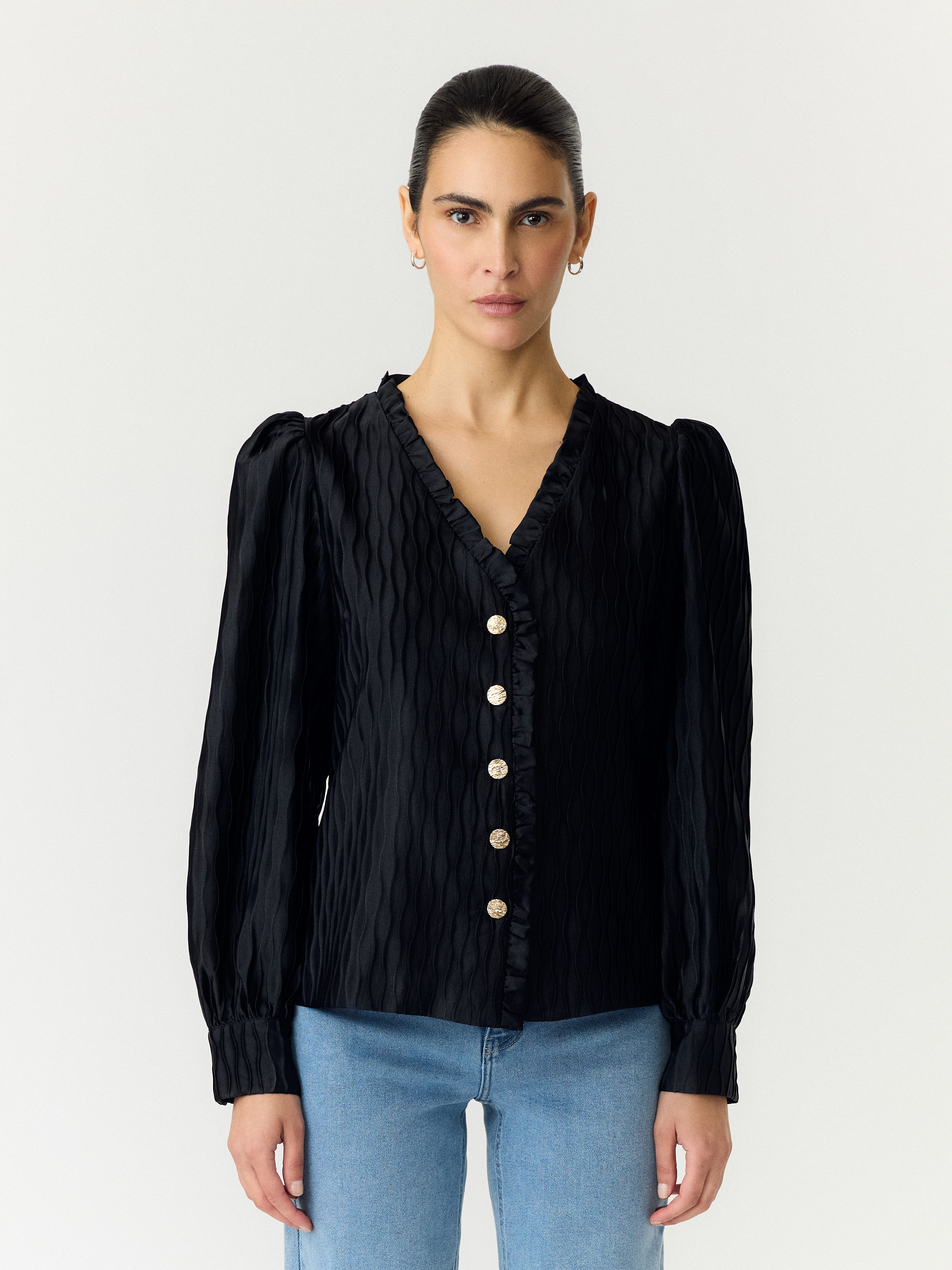 Y.A.S Langarmbluse YASRIPPLE LS V-NECK SHIRT S. NOOS Polyester
