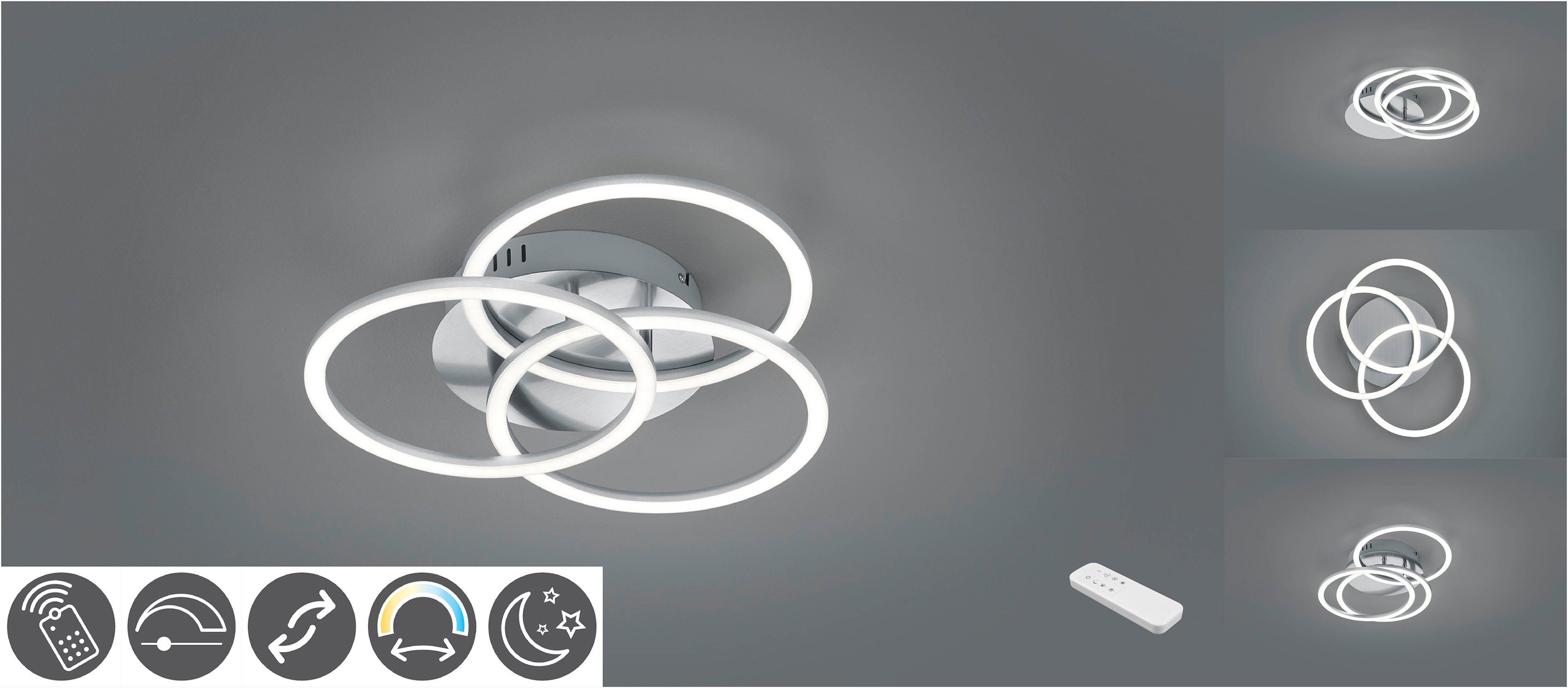 TRIO Leuchten LED Deckenleuchte Circle, Memoryfunktion, Nachtlichtfunktion, LED fest integriert, warmweiß - kaltweiß, Deckenlampe Nickel matt mit schwenkbaren Ringen / inkl. Fernbedienung | Deckenlampen