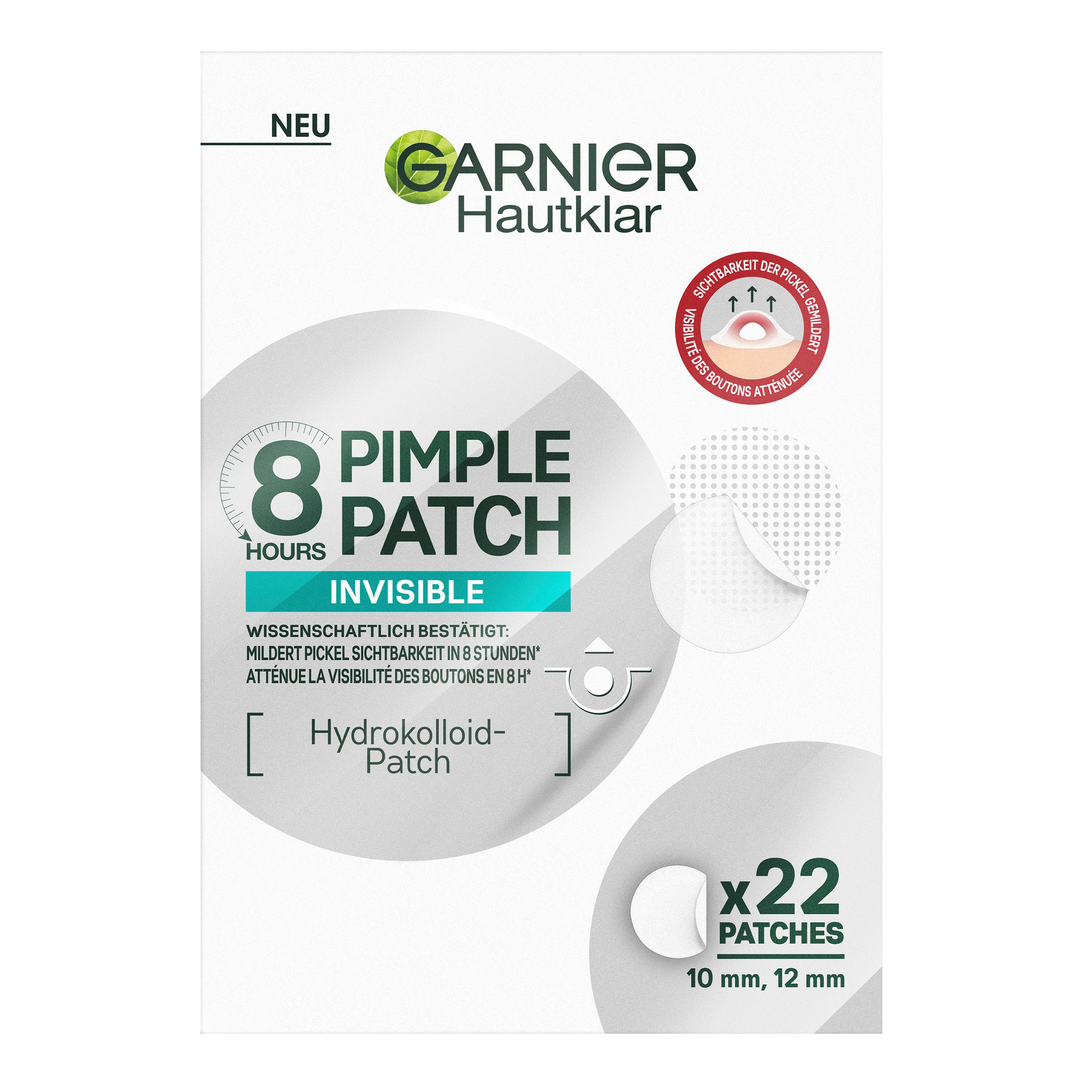 GARNIER Pickel-Tupfer GARNIER 8H INVISIBLE PIMPLE PATCH, für das Gesicht, aus Hydrokolloid-Material, unsichtbarer Schutzfilm