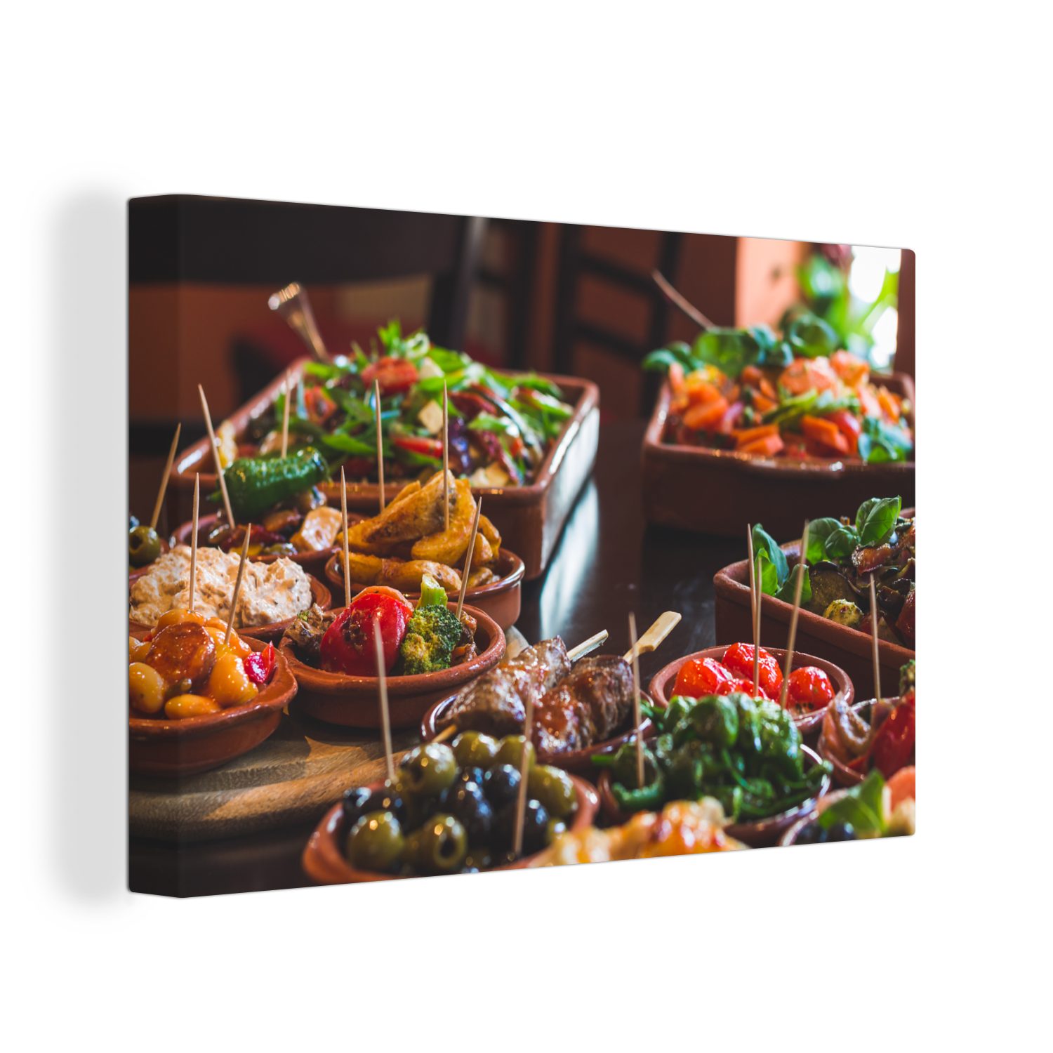 OneMillionCanvasses® Leinwandbild Spanische Küche - Tapas - Schüsseln, (1 St), Wandbild Leinwandbilder, Aufhängefertig, Wanddeko, 30x20 cm