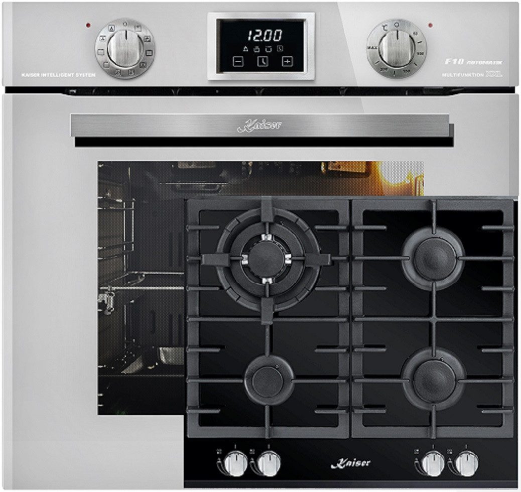 Kaiser Küchengeräte Backofen-Set Herd Set Autark Elektro Backofen, Autark, 79L, Drehspieß, 10 Funktionen mit Gas-Kochfeld, 60cm, Schwarz Glas,Erdgas, Propangas EH 6326 W+KCG 6380, mit 1-fach-Teleskopauszug