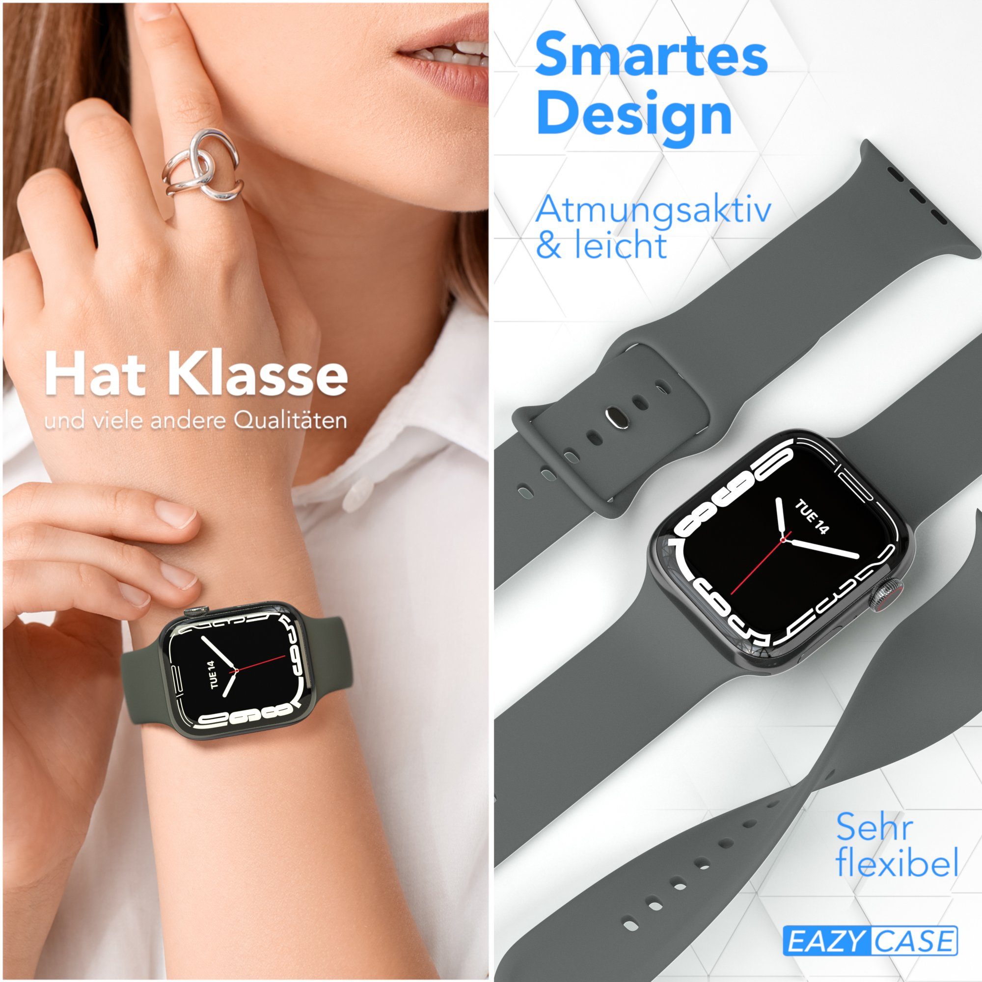 EAZY CASE Smartwatch-Armband Silikon Armband iWatch 11 10 9 8 7 6 5 4 3 2 SE Ultra, Sportarmband Silikon Apple Watch 44-49 mm Hellgrau Damen Herren – Bild 4 von 5