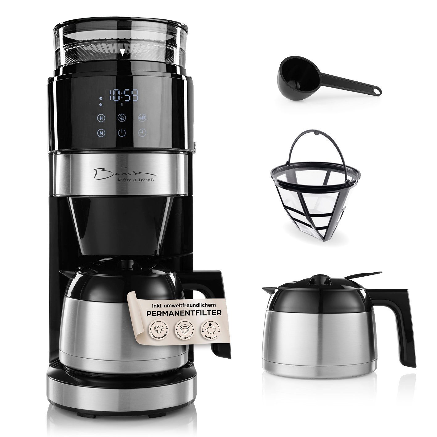 Barista Filterkaffeemaschine mit digitalem Touch-Display mit Mahlwerk + Kanne, mit verstellbarem Mahlwerk, 24h Timer & Permanentfilter