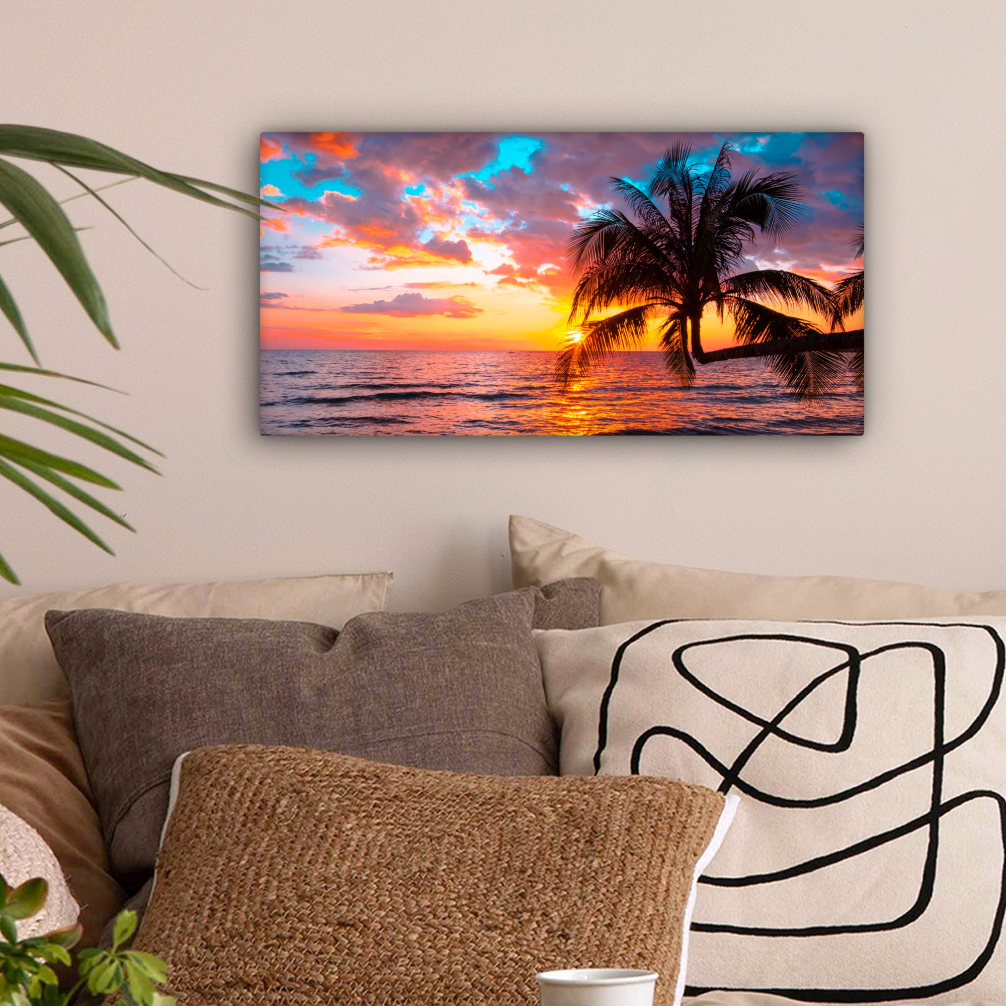 OneMillionCanvasses® Leinwandbild Panorama Palme - Sonnenuntergang günstig online kaufen