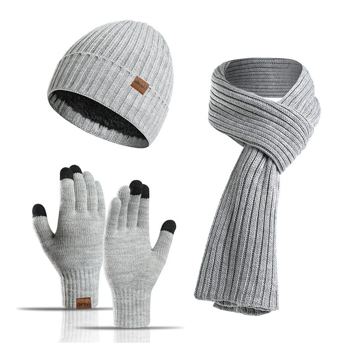 DÖRÖY Strickmütze Unisex Winter Strickmütze, Solid Farbe Hut Schal Handschuhe 3er Set Grau | Strickmützen