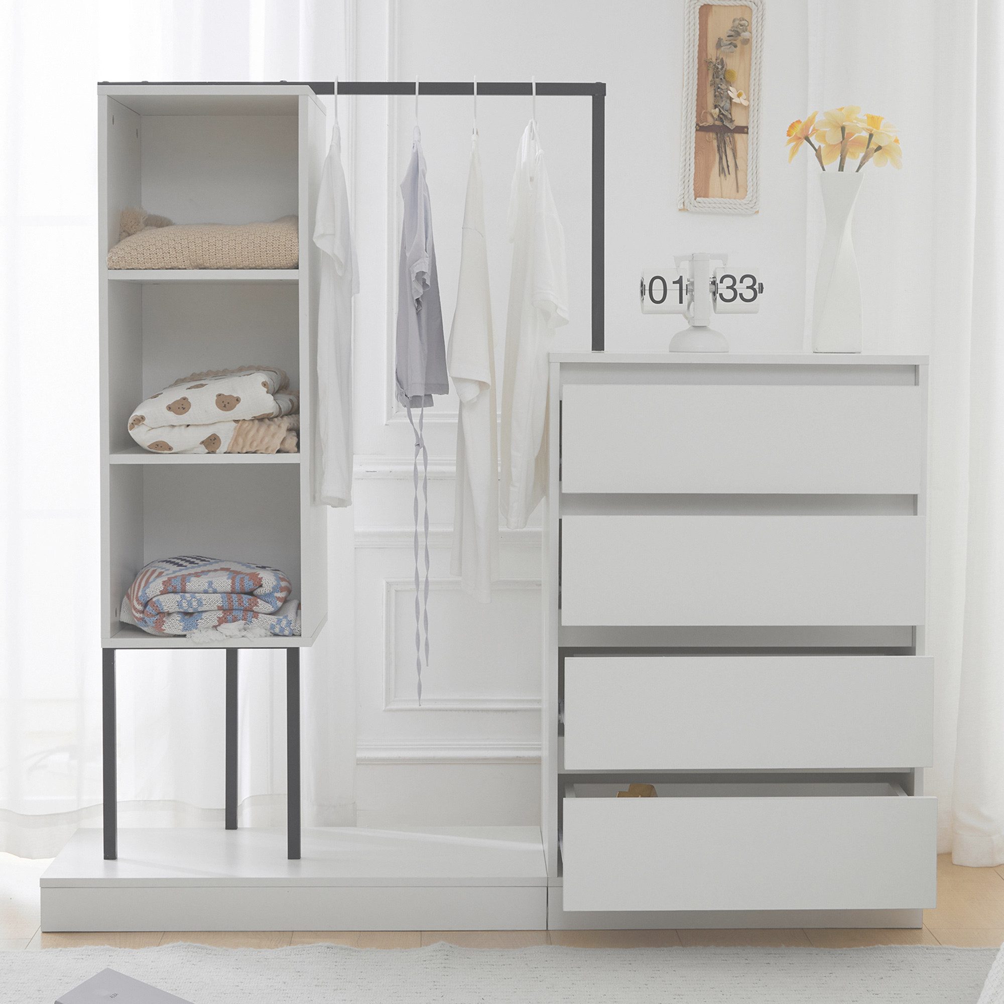 OKWISH Garderoben-Set Kleiderschrank,Sideboard, (Rosa Kleiderschrank-Set mit Schubladen & Kleiderstange – Flexibler Stauraum, stabiler Metallrahmen., 1-St., B140/W40/H135)
