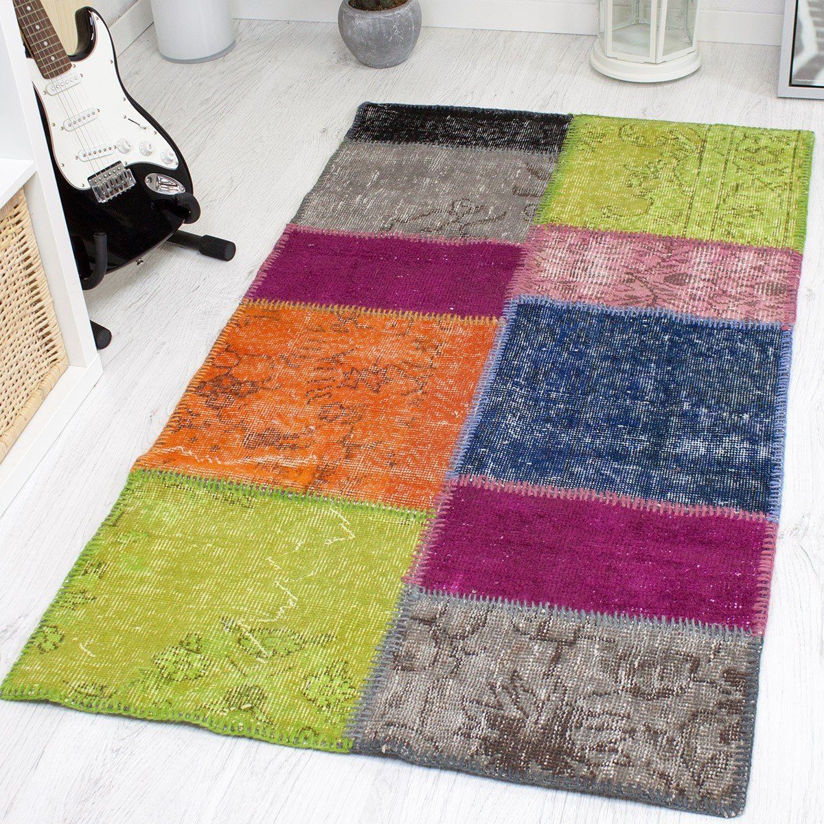 Vimoda Wollteppich Orientteppich Vintage Handgeknüpft, Rechteckig, Höhe: 5 mm, Patchwork Kariert, Hochwertiger, Original, Wohnzimmer, 90x160cm