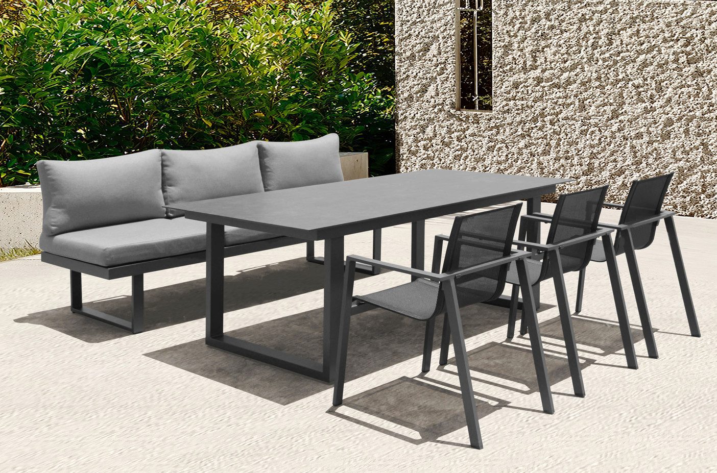 acamp Garten-Essgruppe 5-teiliges Stapelstühle, Sofa & Tisch Set Hollywood inkl. Polster, (Gartenmöbel Set), stapelbar, Sitzgruppe, Lounge-Set, Gartentisch 210x76x77 cm