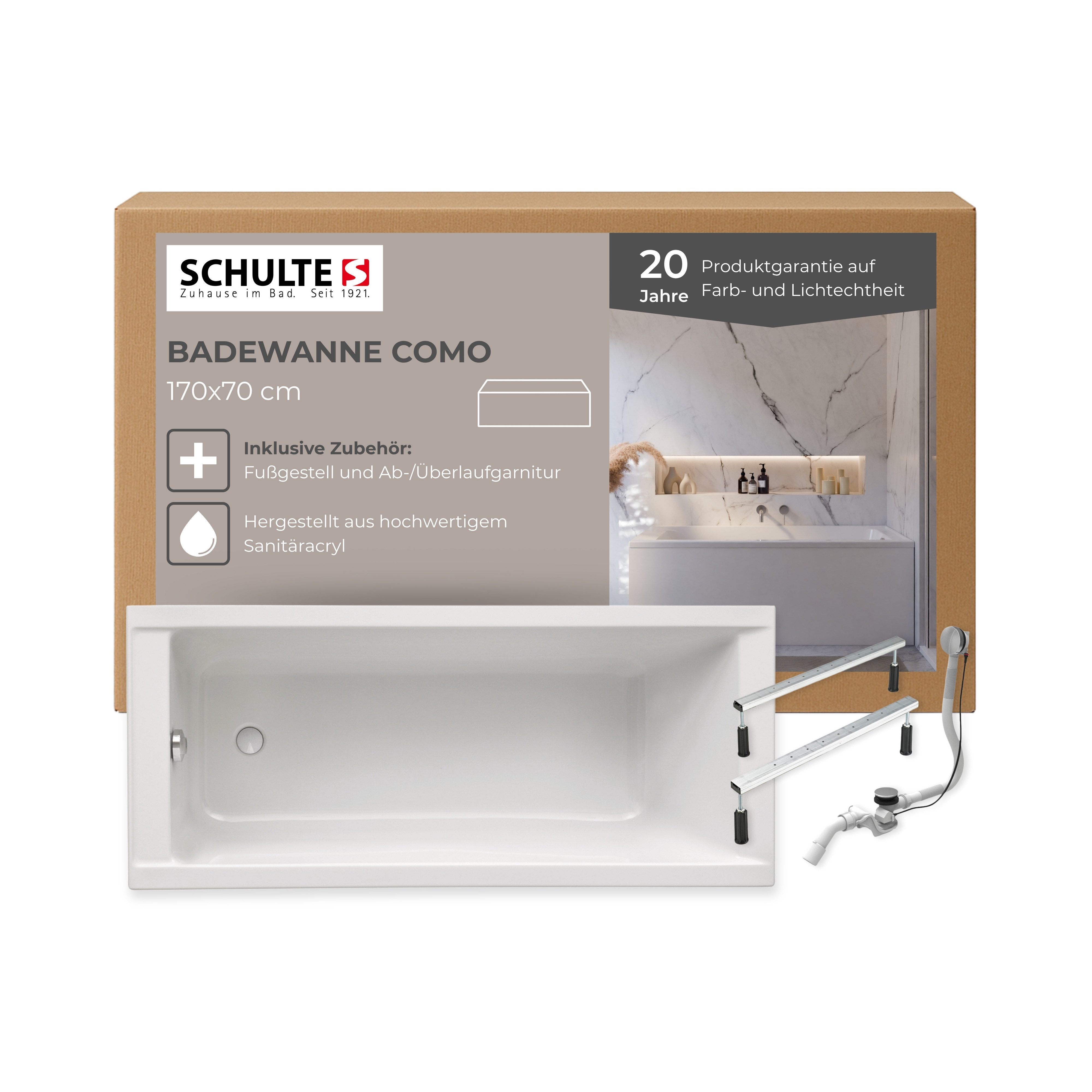 Schulte Badewanne Rechteck Como, 170x70 cm Sanitäracryl Weiß Komplett-Set mit Fußgestell und Ablauf