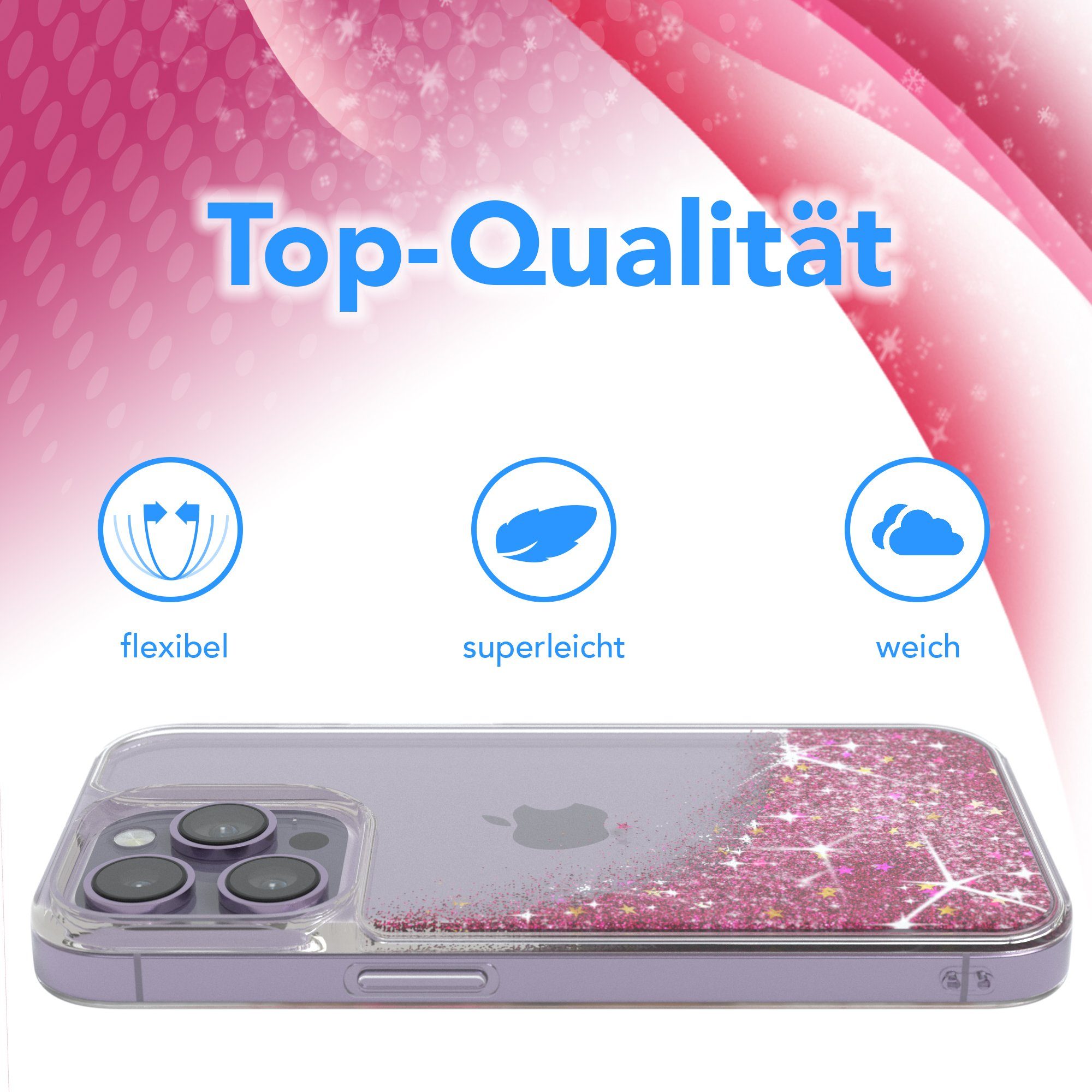 EAZY CASE Handyhülle Liquid Glittery Case für Apple iPhone 14 Pro 6,1 Zoll, Glitzerhülle Shiny Slimcover stoßfest Durchsichtig Bumper Case Pink