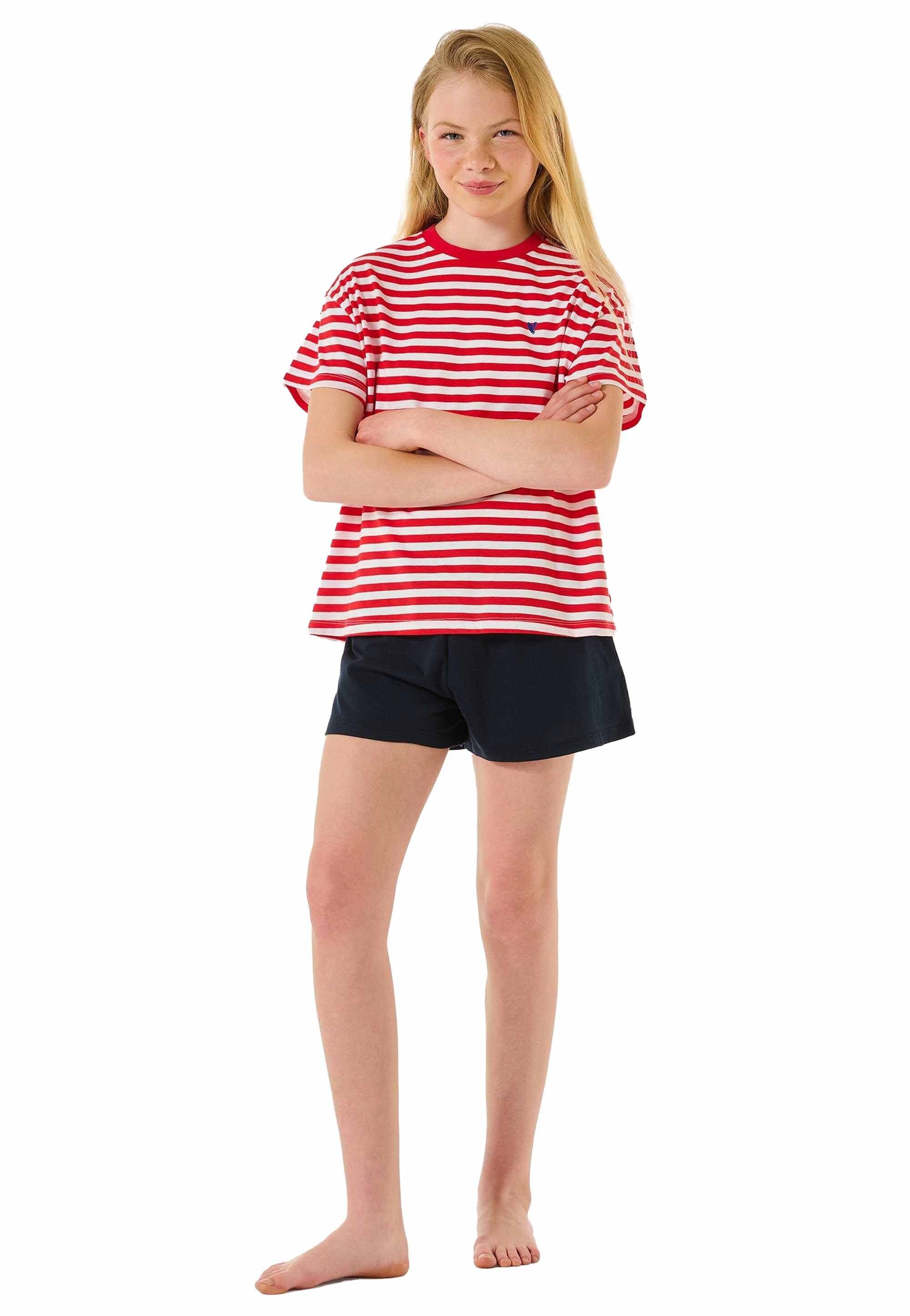 Teens Mädchen Schlafanzug Set Schiesser Pyjama - Rot/Weiß/Dunkelblau kurz,