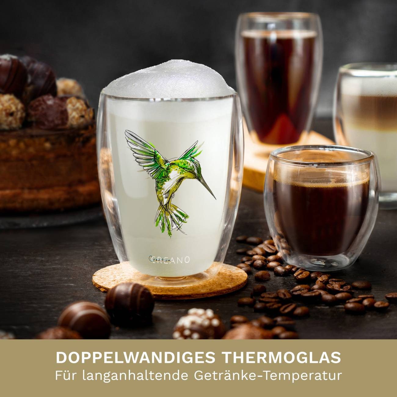 Creano Teeglas Tee-Glas, Latte Machiato, Thermobecher Kolibri Grün, 250ml, Borosilikatglas, 1x bedrucktes Glas