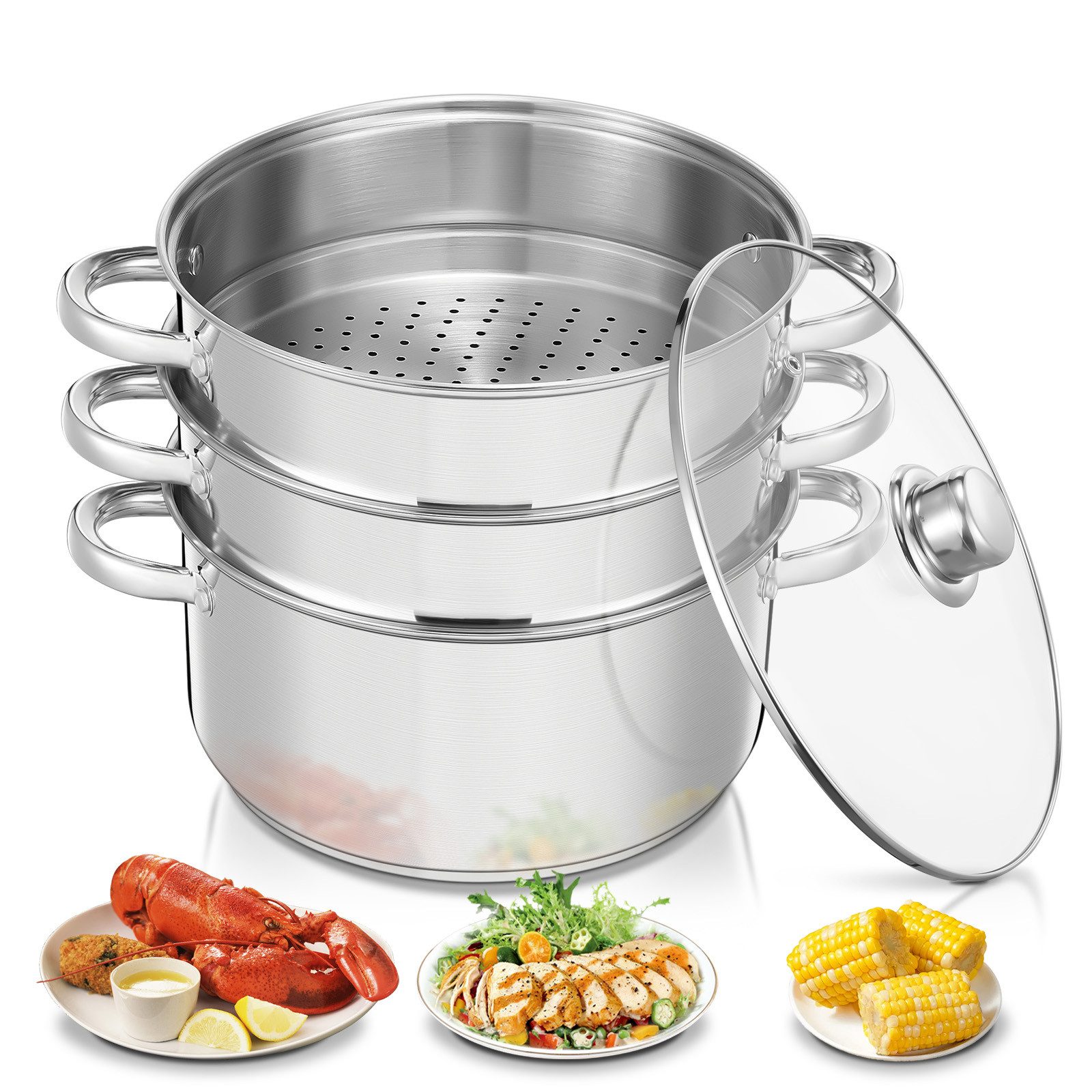 FOHERE Dampfgartopf Ø 26cm Dampftopf aus Edelstahl für alle Herdarten, auch Induktion, 3 In 1 mit Dampfeinsatz und Glasdeckel