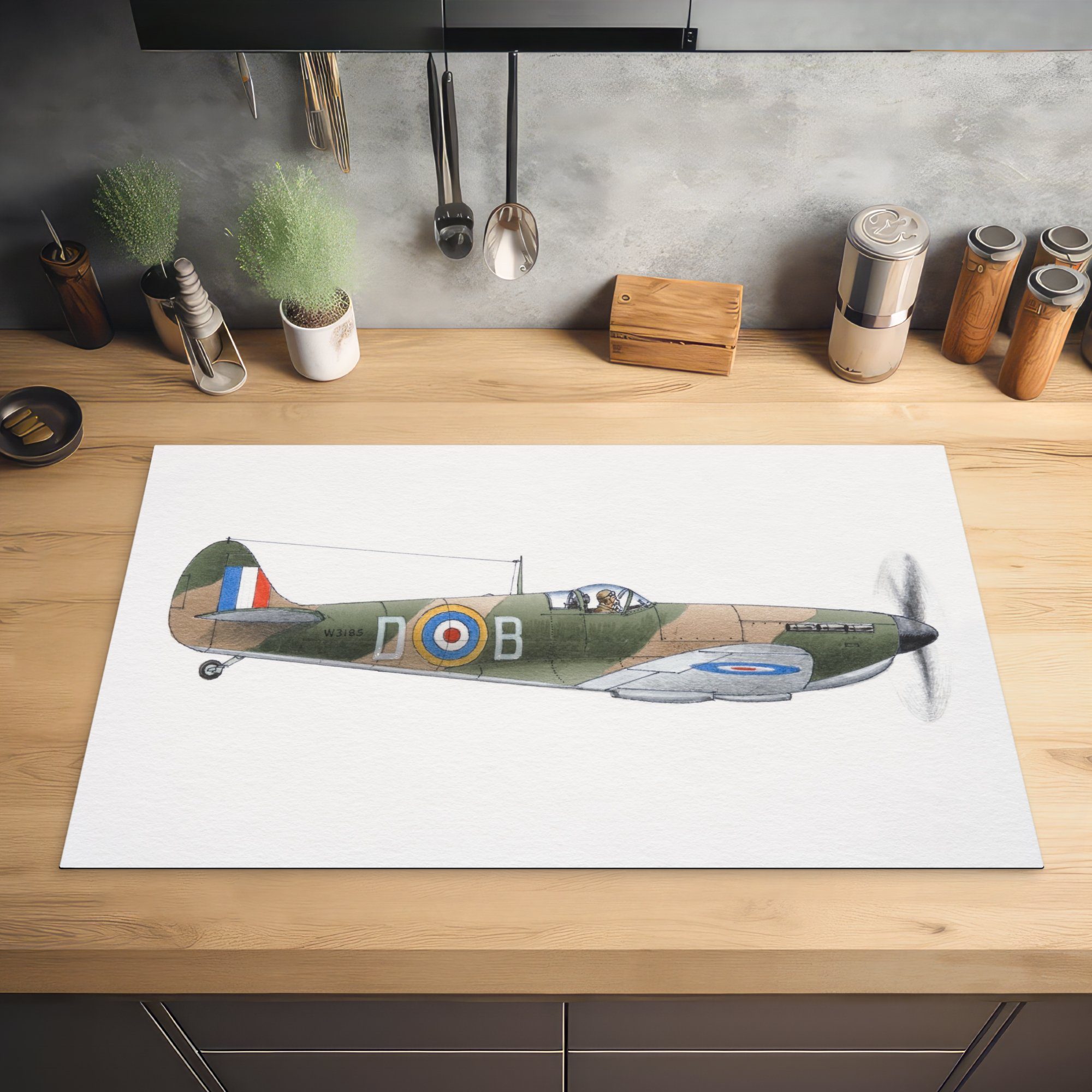 tlg), Herdblende-/Abdeckplatte Supermarine (1 83x51 einer Illustration Spitfire, MuchoWow Arbeitsplatte cm, Eine Ceranfeldabdeckung, Vinyl, für küche