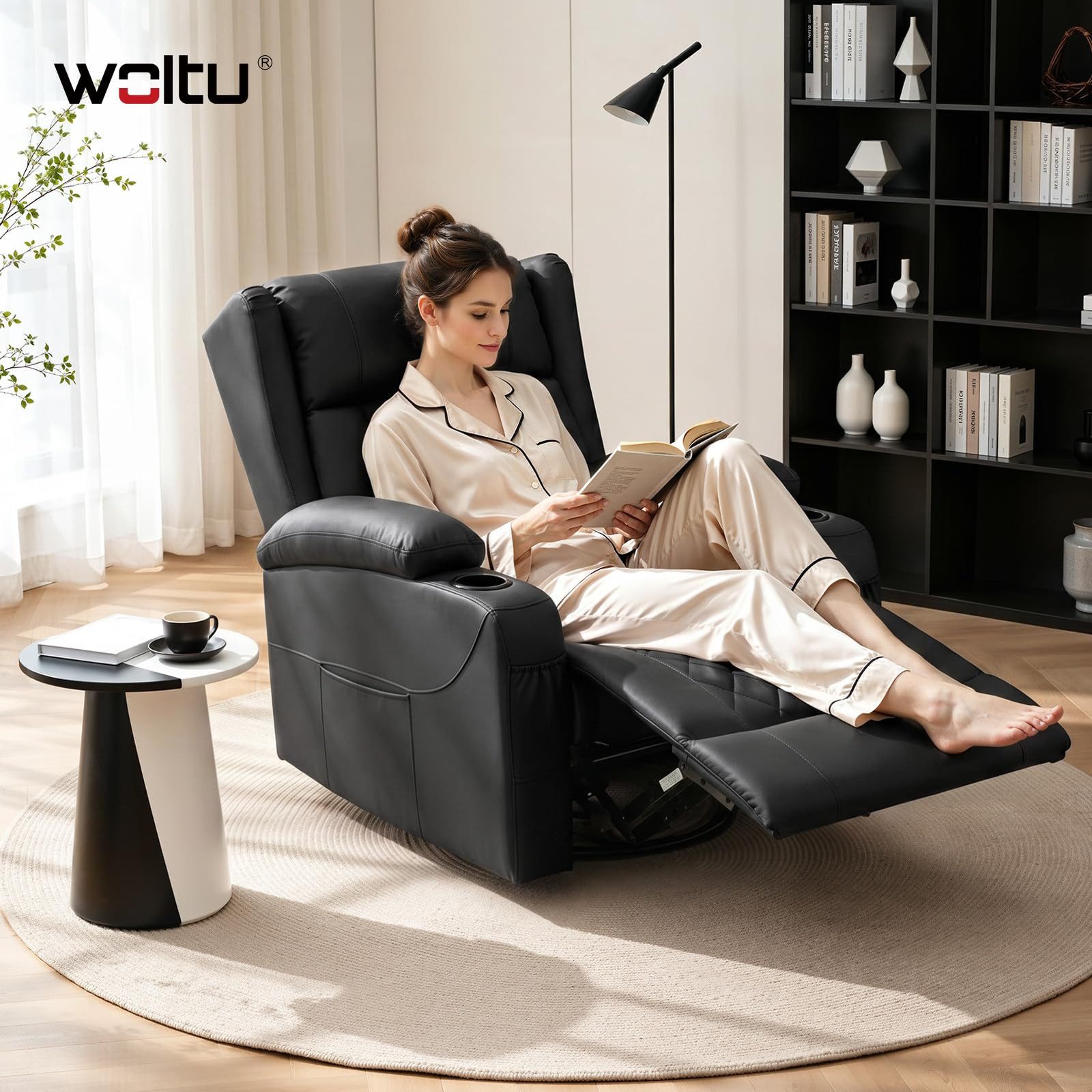 Woltu Relaxsessel, Fernsehsessel mit Liegefunktion,mit Tasche, 360° drehbar, PU