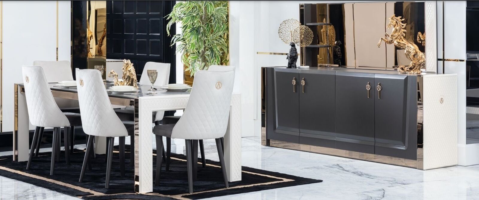JVmoebel Esszimmer-Set Esszimmer Garnitur Tisch Stuhl Italienischer Stil, Kommode Spiegel (9-St) 6x