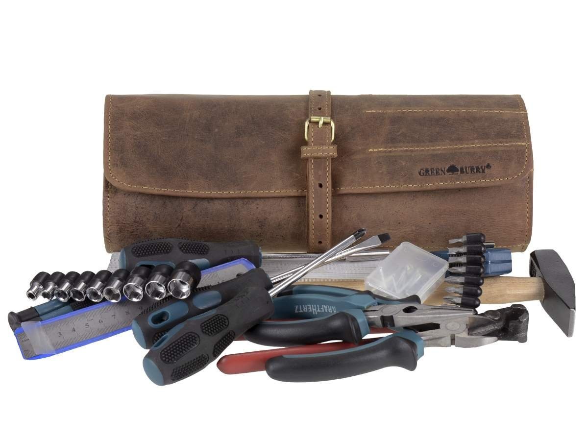 Greenburry Werkzeugtasche Vintage, Werkzeugrolle, Rolltasche, 13 Fächer, Antikleder