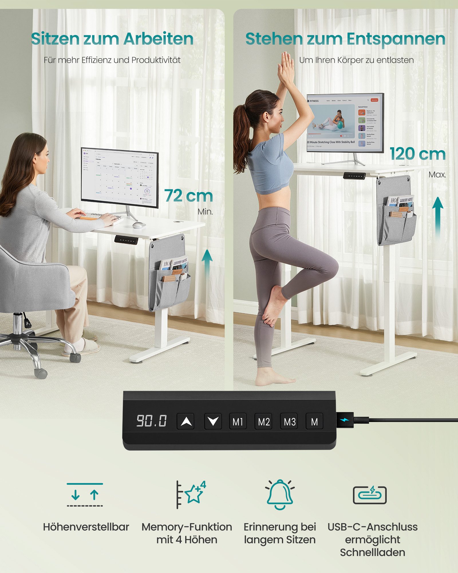 SONGMICS Schreibtisch Höhenverstellbarer elektrisch, 100/120/140/160/180 cm, USB-C-Anschluss, Memory-Funktion für 4 Höhen, mit Stoff-Organizer