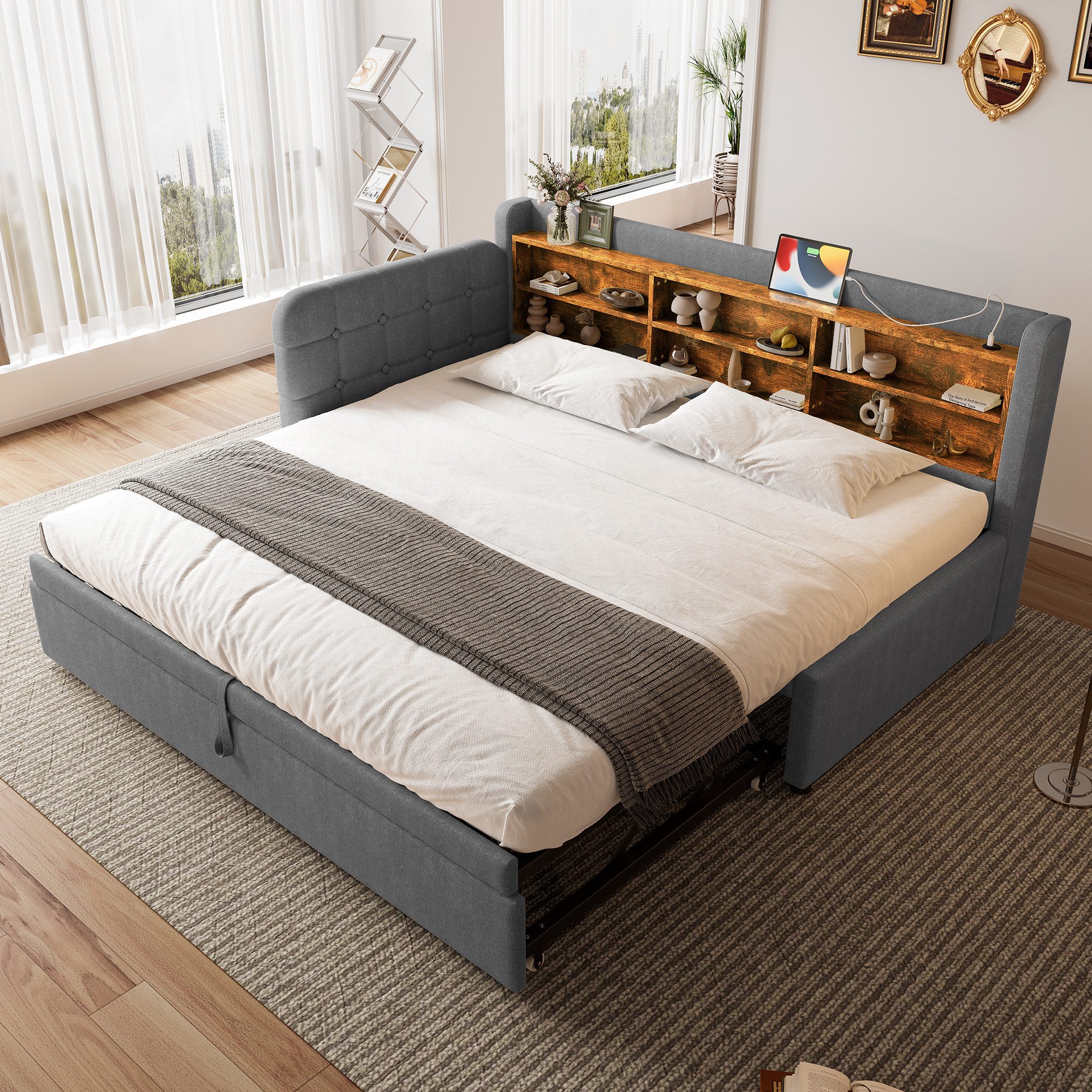 Merax Daybett 90x200cm/180x200cm mit Ausziehbett (Retro-Knopfdesign, günstig online kaufen