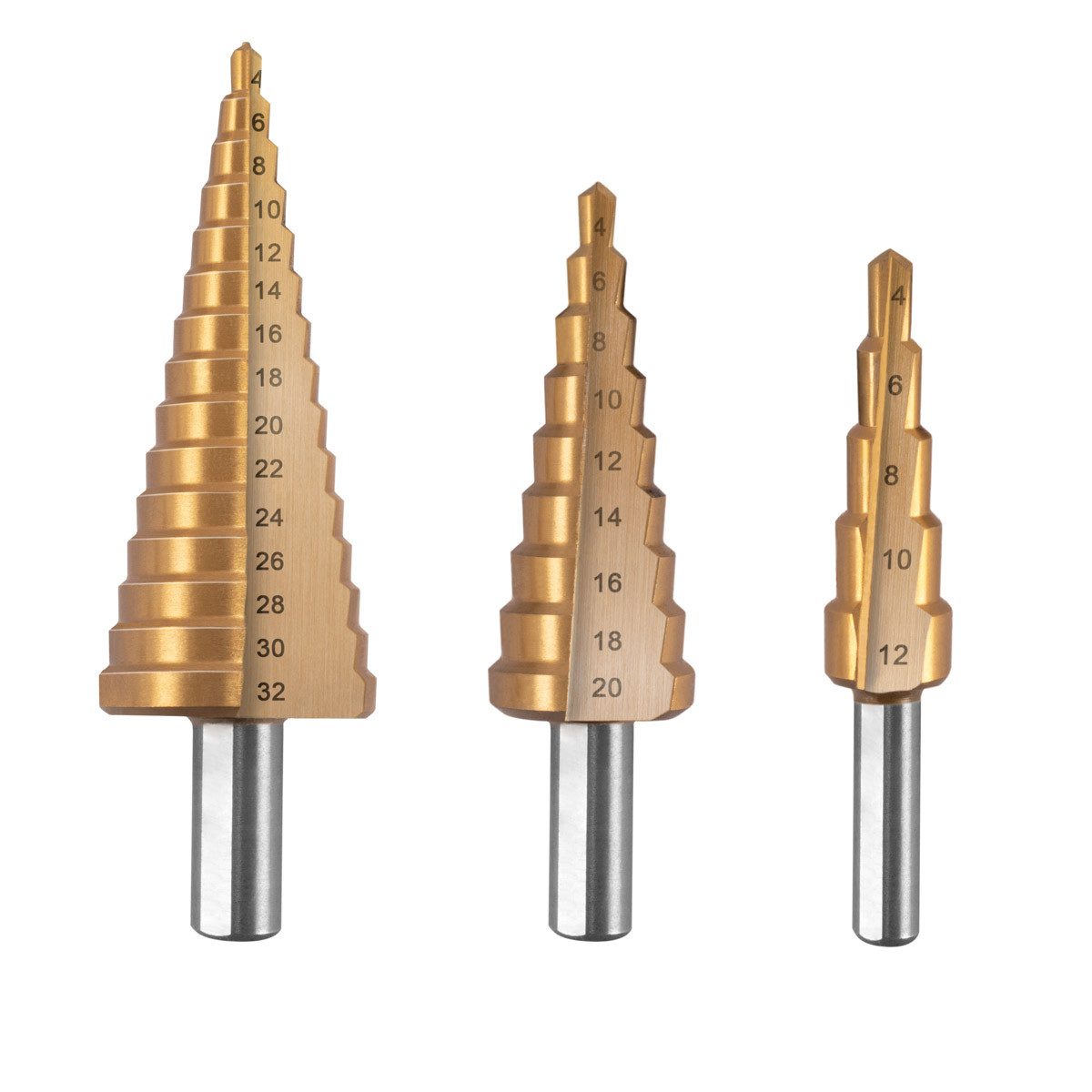 STAHLWERK Stufenbohrer HSS Stufenbohrer 3er Set TiN-Beschichtung, (Set, 3-tlg., Set)