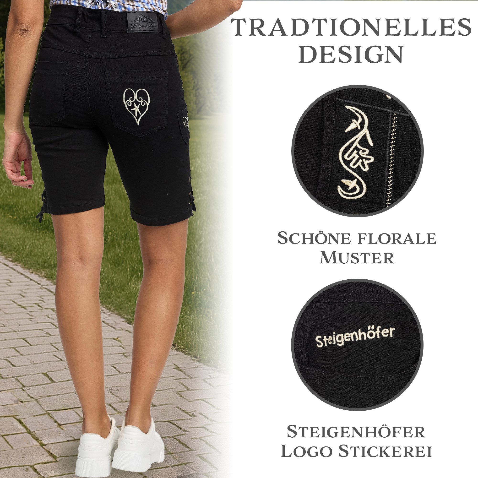 Steigenhöfer Manufaktur Trachtenjeans im Lederhosen Look - Damen Shorts - Stretch für Komfort - Capri Jeans Traditionelles Design - Ideal für Oktoberfest usw. - auch als 3/4 Hose