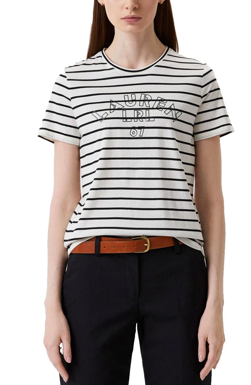 Ralph Lauren T-Shirt Lauren Logo Label Print Gestreift, Offwhite/Schwarz ein klares Statement-Piece für jeden Tag