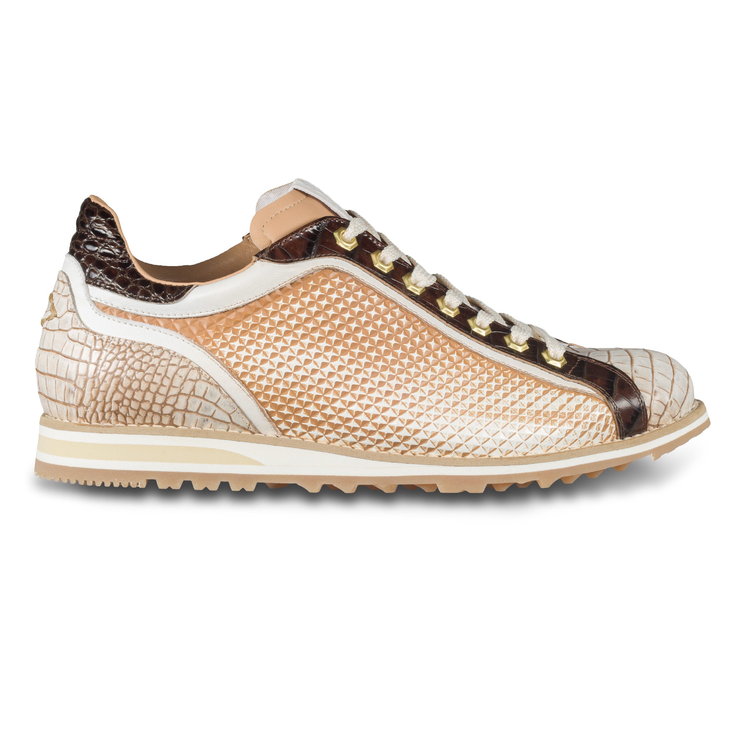 Lorenzi Leder Sneaker Herren, beige/braun mit Prägung & Reptil-Optik Sneaker Handgefertigt in Italien