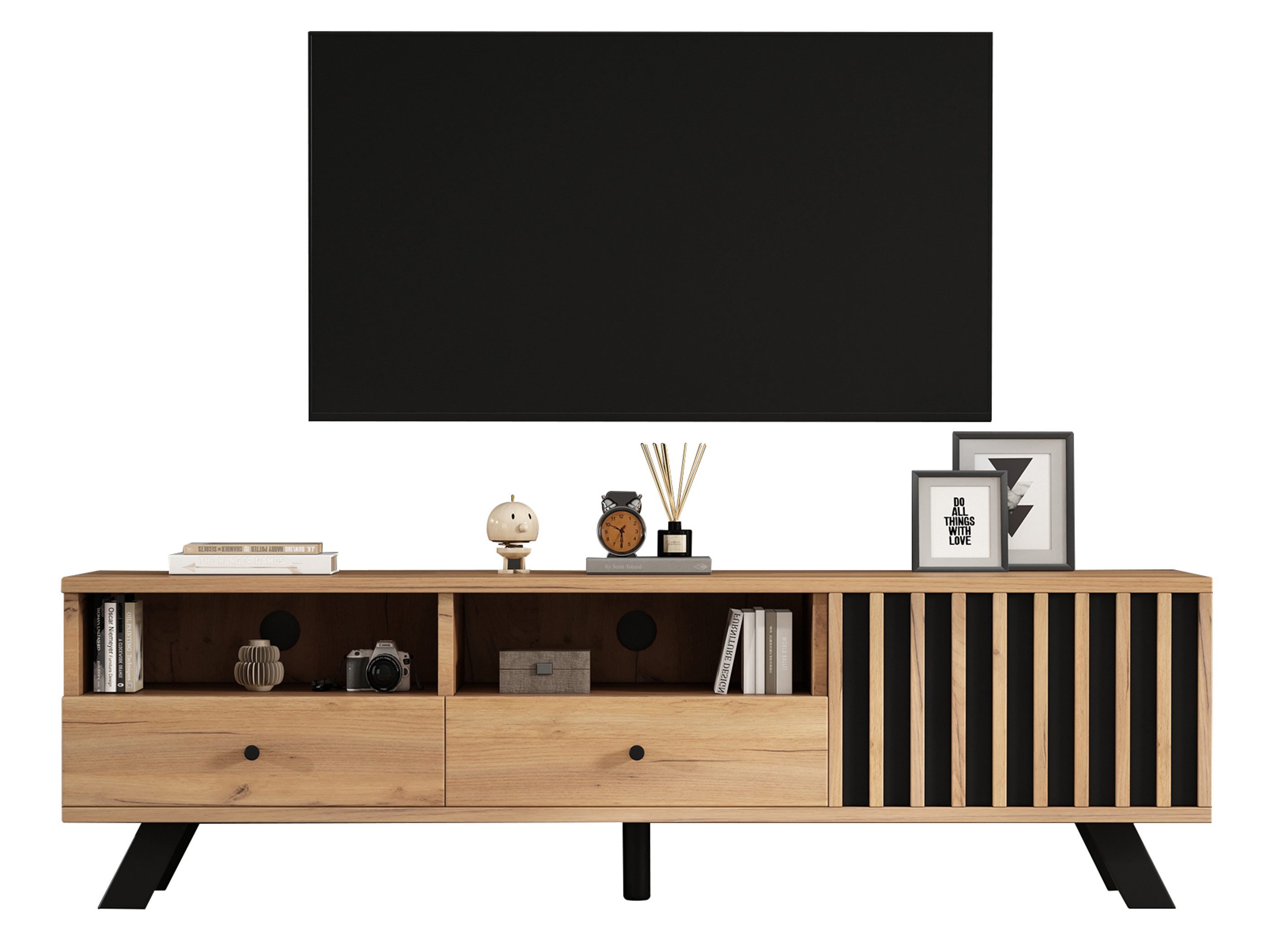 SeedWave Lowboard TV-Schrank mit Kabeldurchführung, 1 Schranktür in Kontrastfarben, Fernsehschrank mit 5 Stützfüßen