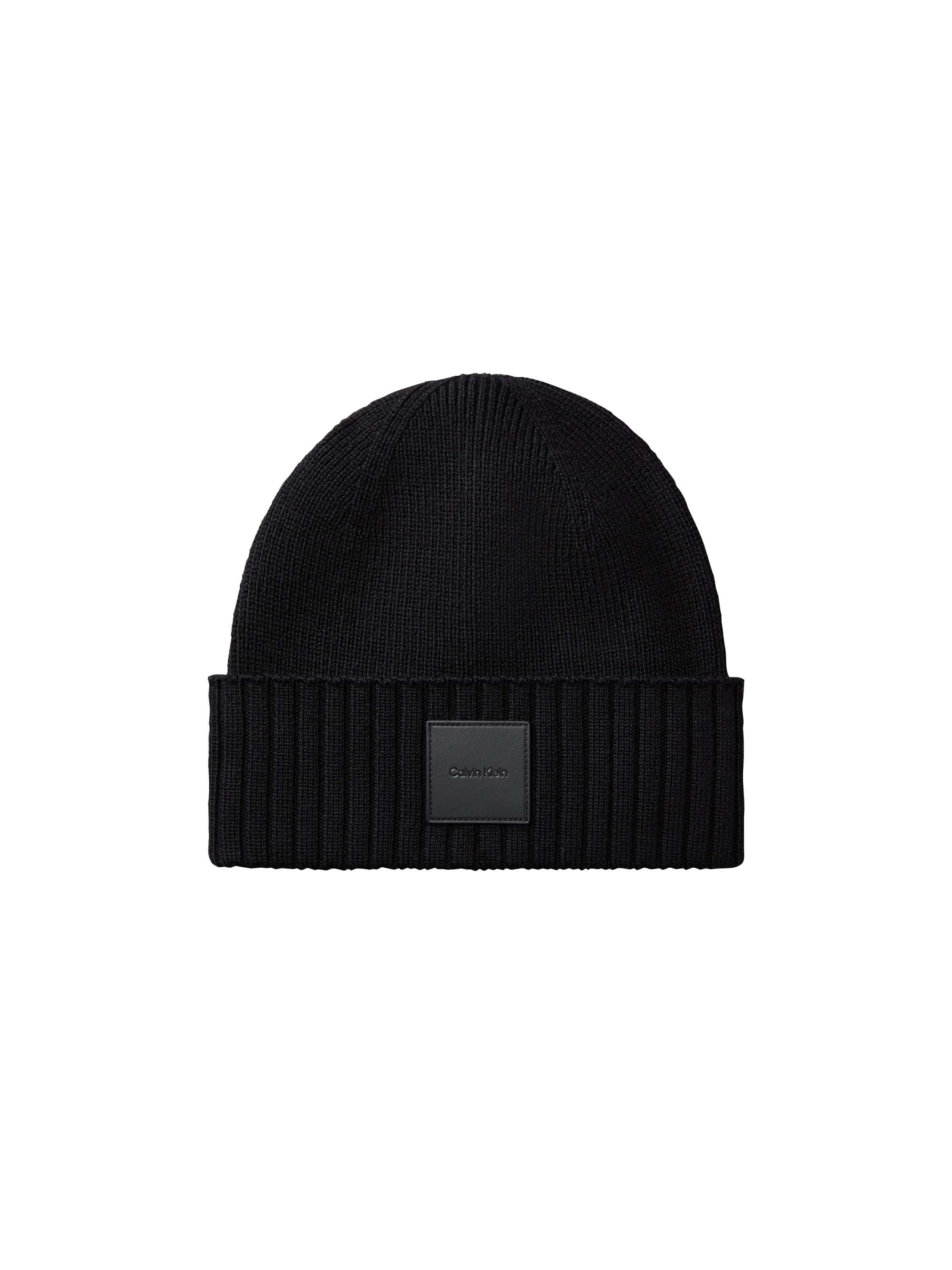 Calvin Klein Beanie LEATHER PATCH WOOL BLEND BEANIE Regular fit mit aufgeschlagenem Saum, Kaschmir-Anteil