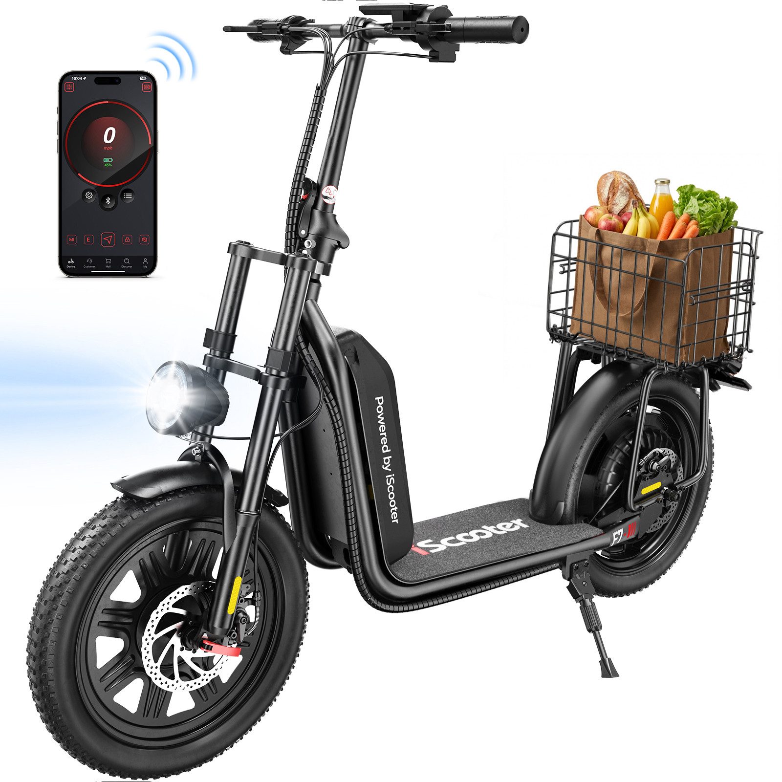 iscooter E-Scooter E Scooter mit Straßenzulassung,16 × 3.0 Zoll Fat Tire E Roller, 100Km Max Reichweite,mit Klapprad Korb und Lenker mit App