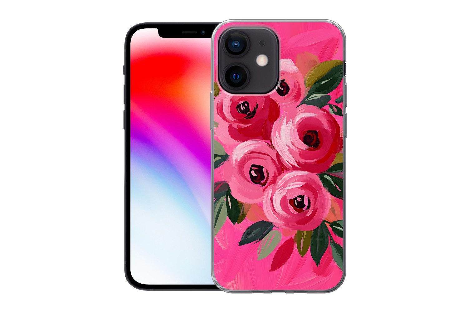 MuchoWow Handyhülle für Apple iPhone 12 Mini Blumen - Farbe - Rosa, Smartphone-Bumper, Print, Handy Schutzhülle Dünn