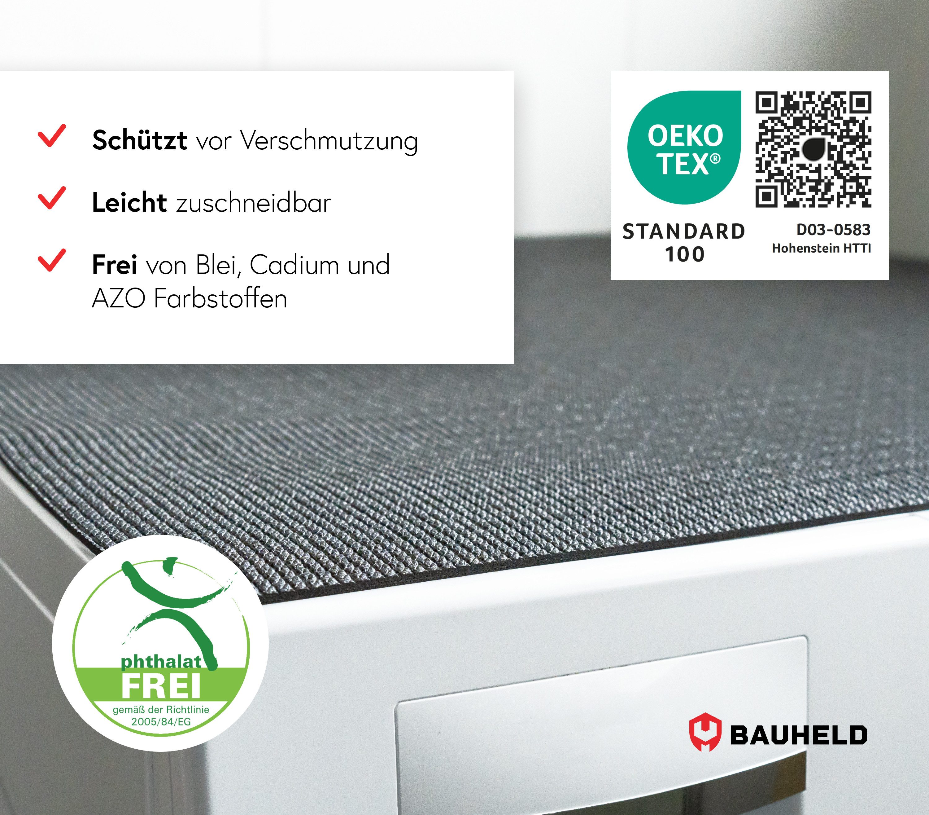 BAUHELD Antirutschmatte Waschmaschine [Made in Germany], 60x60 cm, Waschmaschinenauflage mit Vinyl-Beschichtung, Als Waschmaschinenbezug, Waschmaschinenabdeckun – Bild 5 von 5