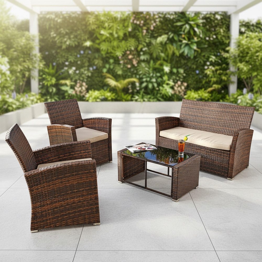 Melko Sitzgruppe Sitzgarnitur Sitzgruppe Polyrattan Gartenmöbel Set 4 tlg. Lounge, (Set, 4-tlg., Tisch, Sessel, Sofa), Polyrattan