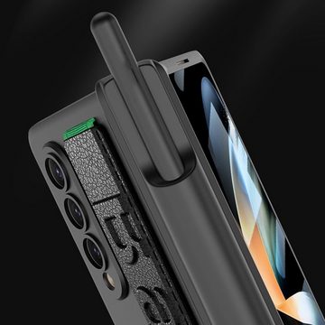 Wigento Handyhülle Für Samsung Galaxy Z Fold4 5G Magnetische Kunststoff / Glas Halteband Handy Tasche Hülle Etuis Carbon + Stift Halterung