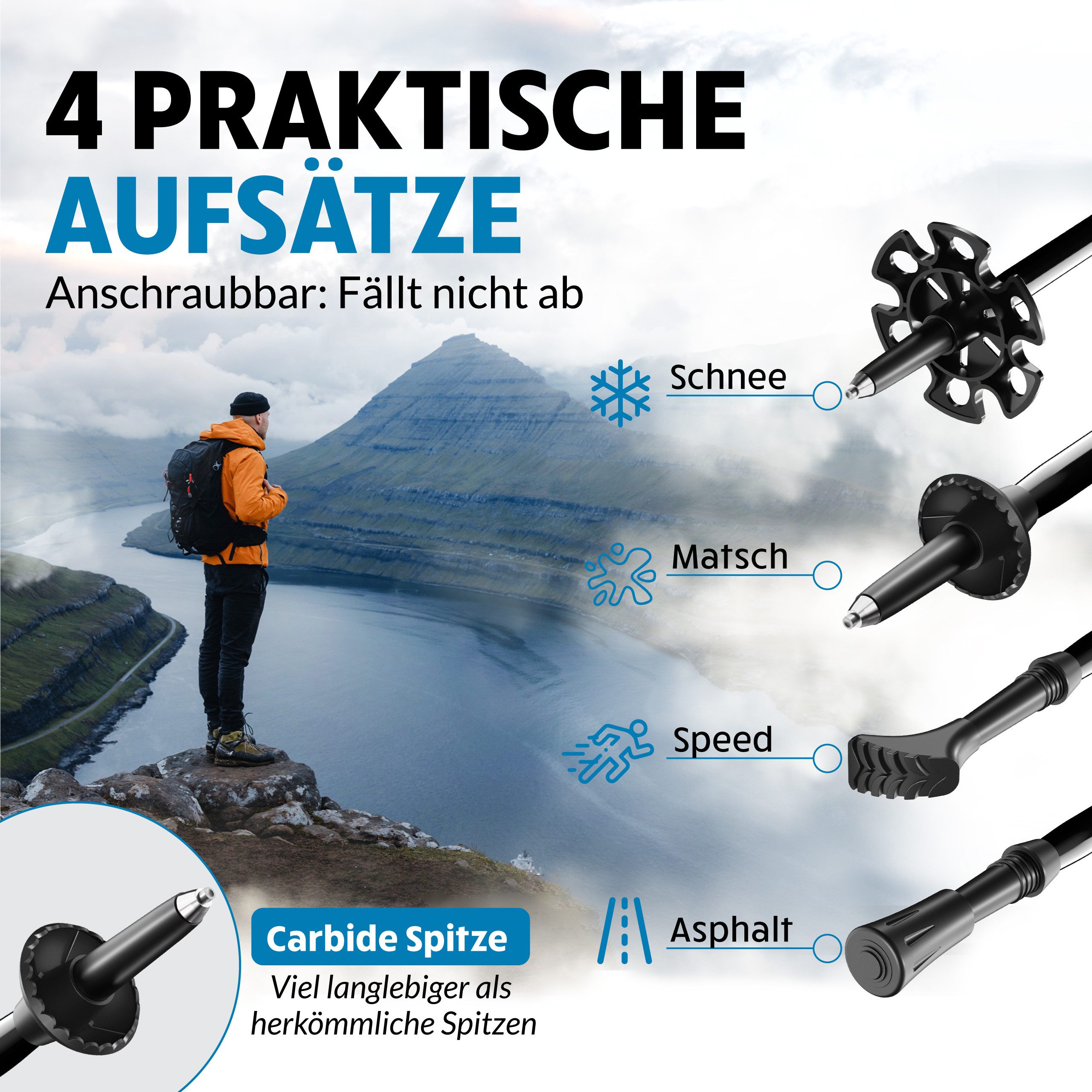 Terra Peak Wanderstöcke Explorer 135 (inklusive Mikrofaserhandtuch und 4 zusätzliche Aufsätze), Mit ergonomischen Echtkorkgriffen, zum Wandern und Nordic Walking