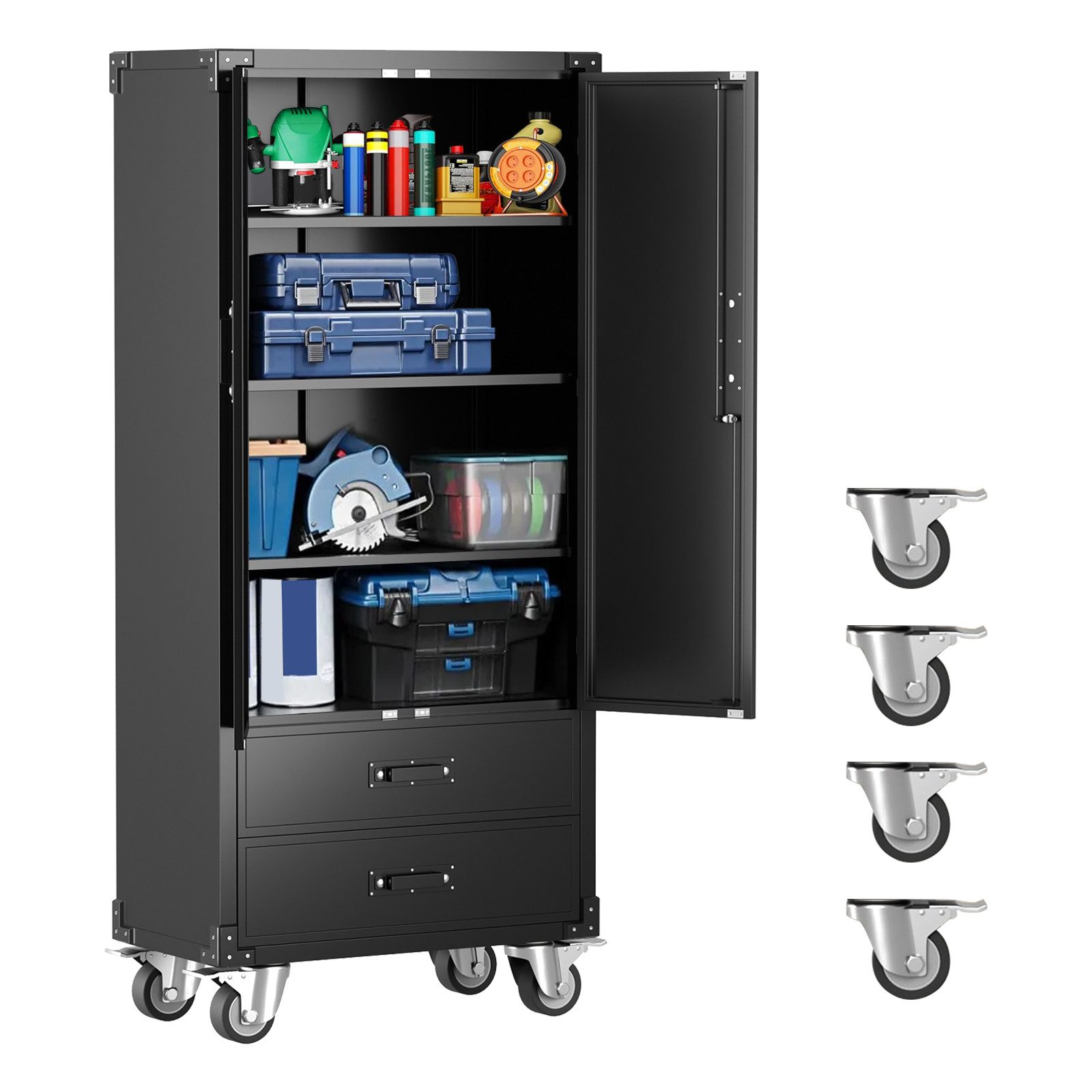 GarveeMore Werkzeugschrank aus kaltgewalztem Stahl mit 2 Türen & 2 Schubladen, 360° drehbar 3 verstellbare Böden, rollbar, 50 × 26 × 170 cm, Schwarz