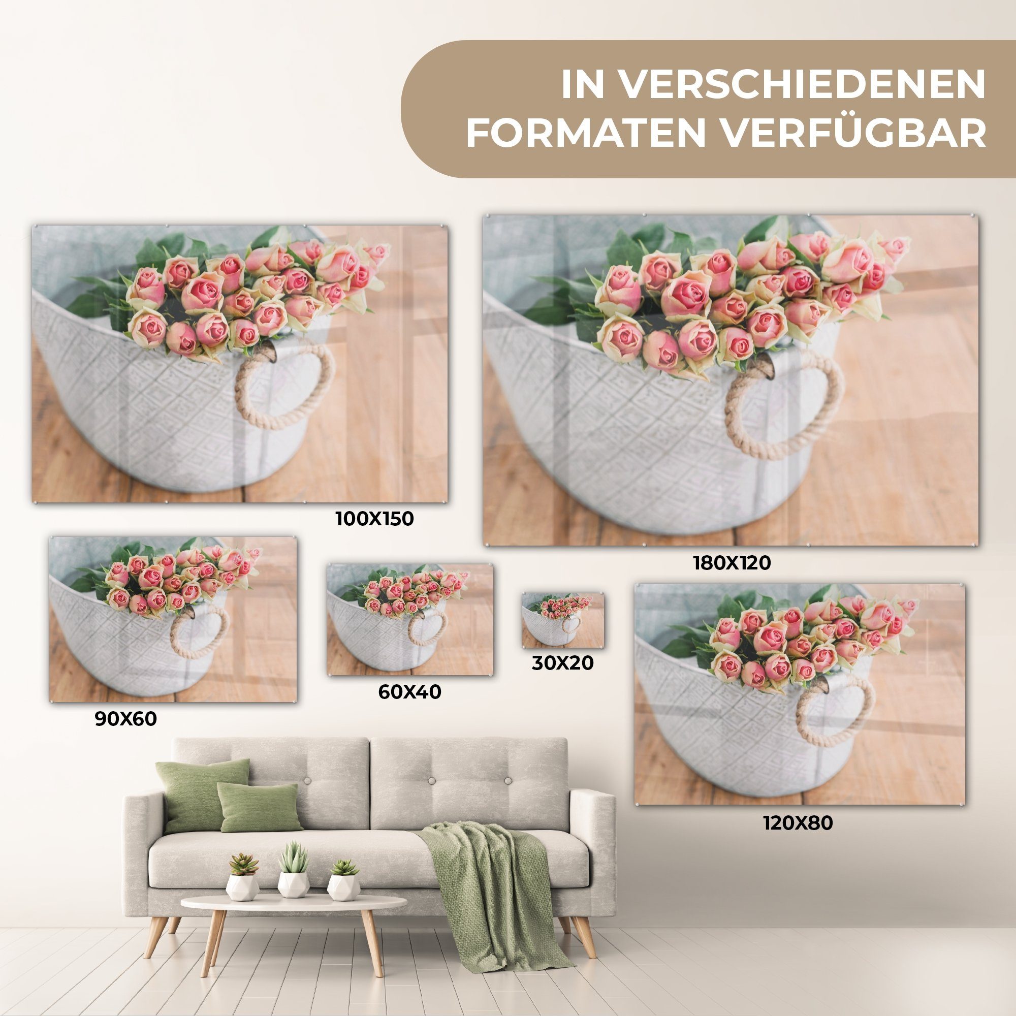 Korb, Blumen Wohnzimmer - (1 Schlafzimmer MuchoWow & Rosen Acrylglasbilder St), - Acrylglasbild